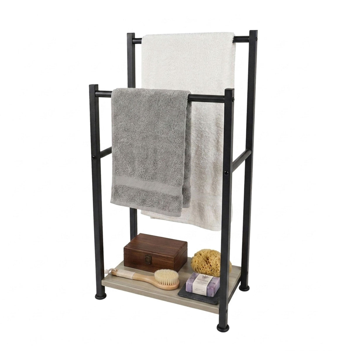Freestanding Towel Rack with Shelf, Black-Grey, Steel & MDF
