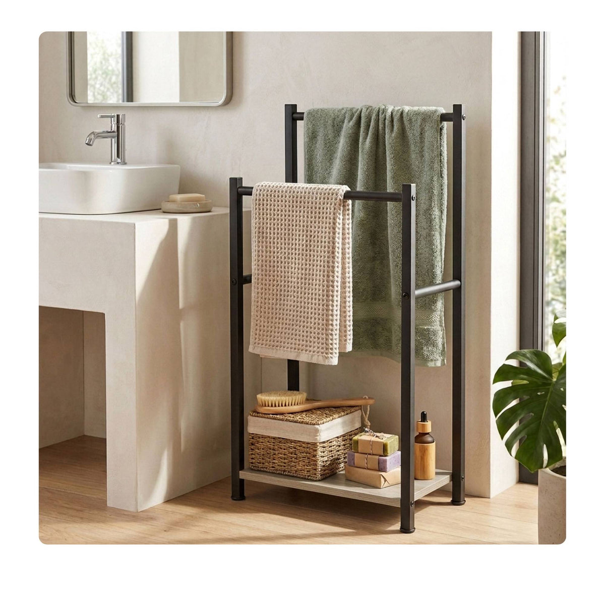 Freestanding Towel Rack with Shelf, Black-Grey, Steel & MDF