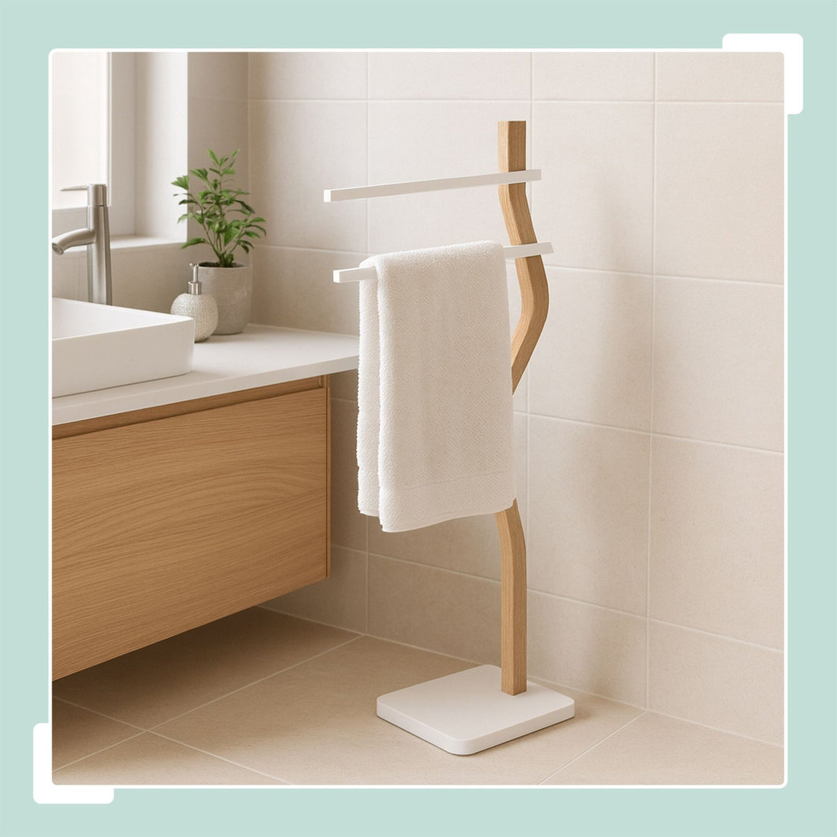 Freestanding Towel Stand with 2 Bars, Wood Frame