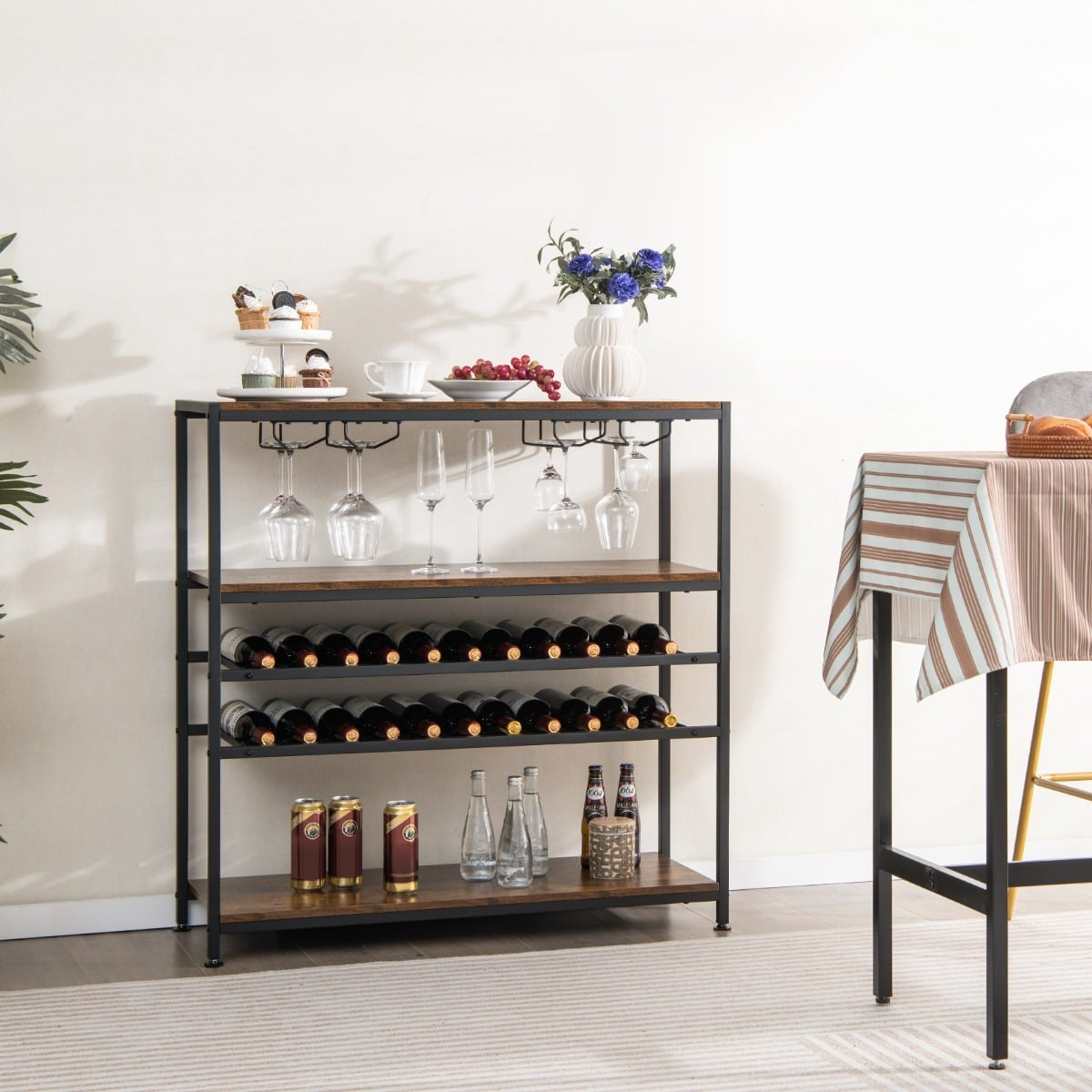 Freestanding Wine Rack with Glass Holder, Rustic Brown