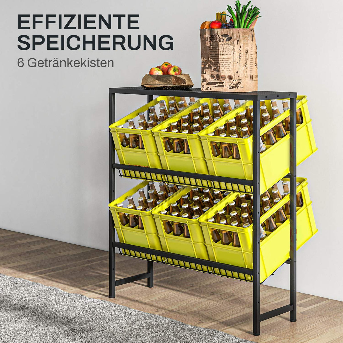 Freestanding drinks crate rack for 6 crates, adjustable shelf height, 3 levels, non-slip, 103 x 33 x 113.5 cm, black steel