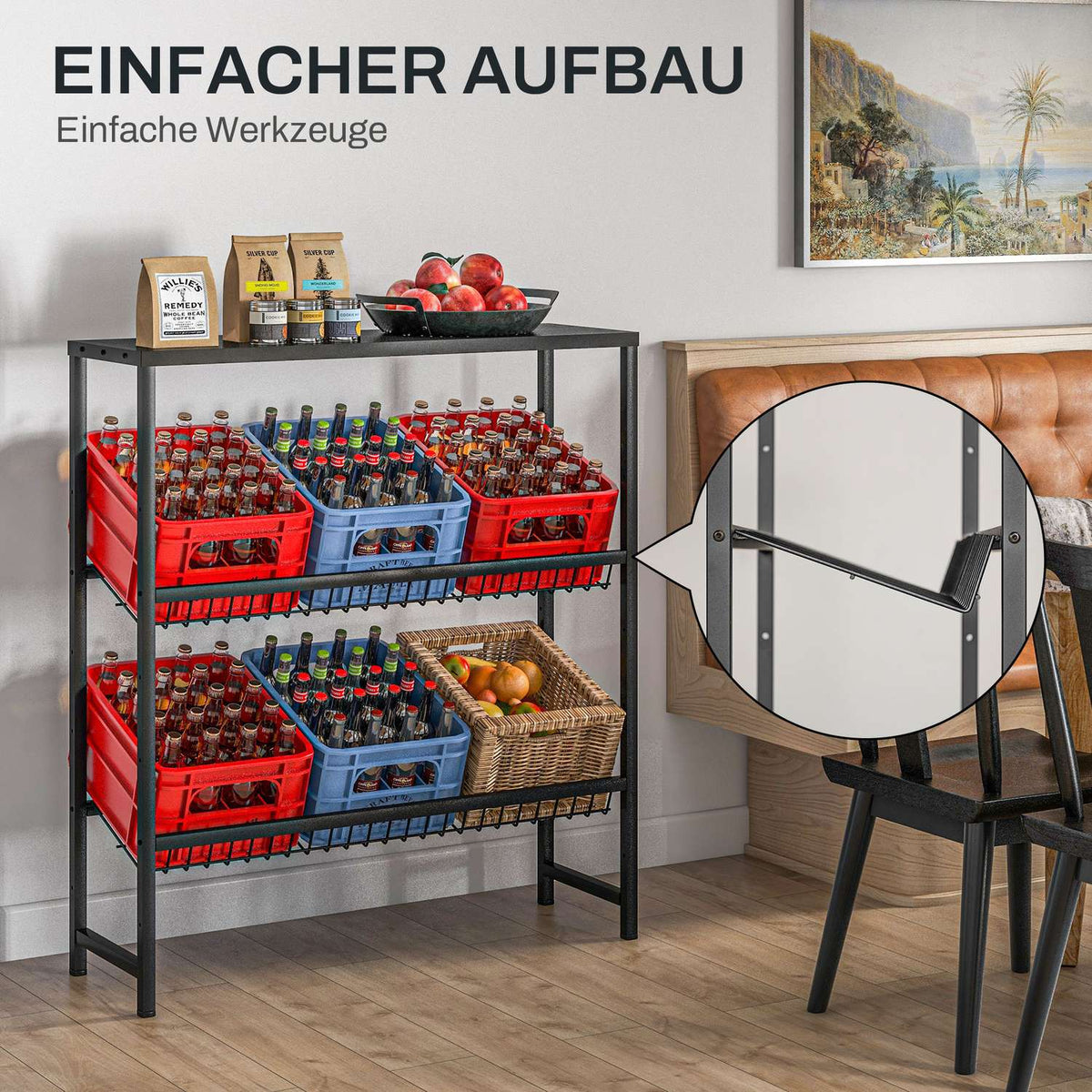 Freestanding drinks crate rack for 6 crates, adjustable shelf height, 3 levels, non-slip, 103 x 33 x 113.5 cm, black steel