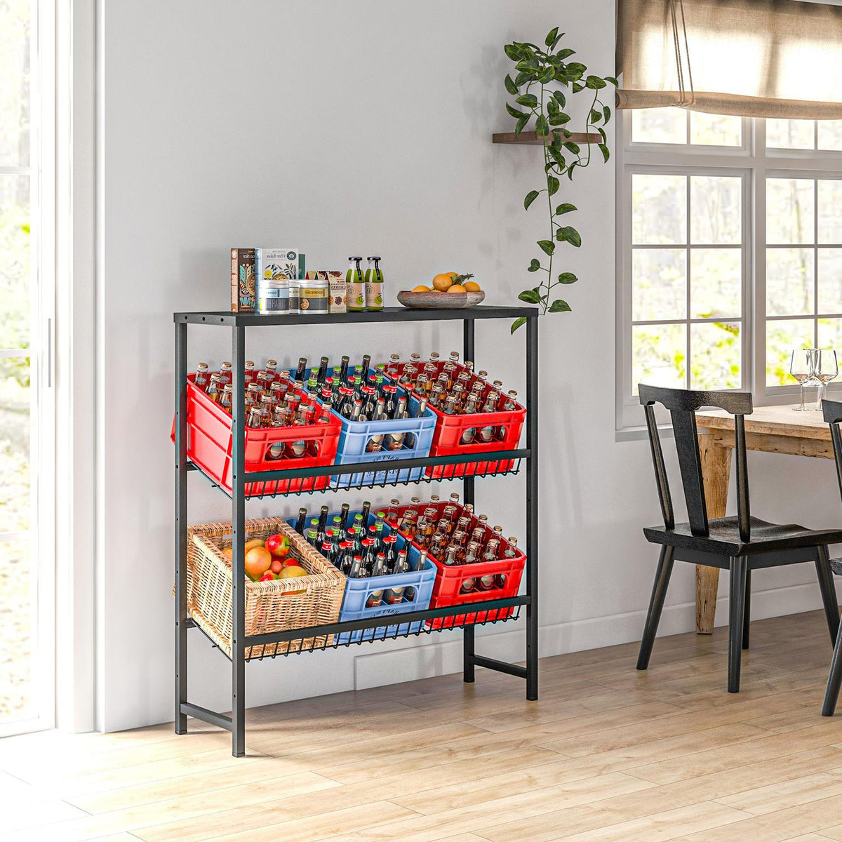 Freestanding drinks crate rack for 6 crates, adjustable shelf height, 3 levels, non-slip, 103 x 33 x 113.5 cm, black steel