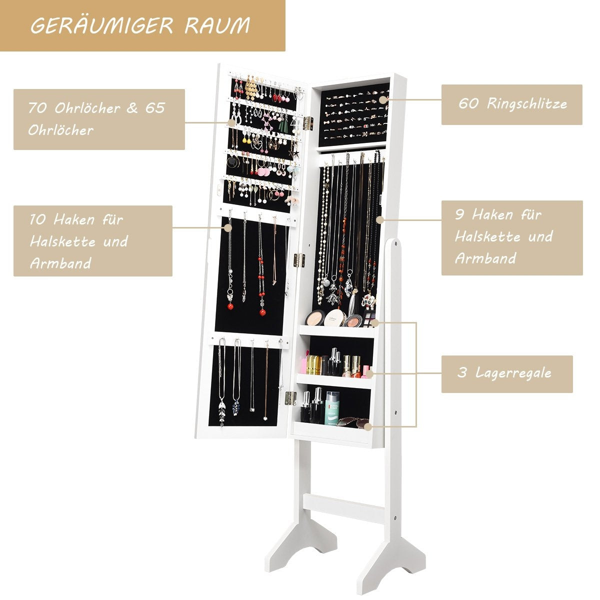 Freestanding jewelry cabinet with mirror adjustable jewelry shelf 35.5 × 33 x 153 cm white