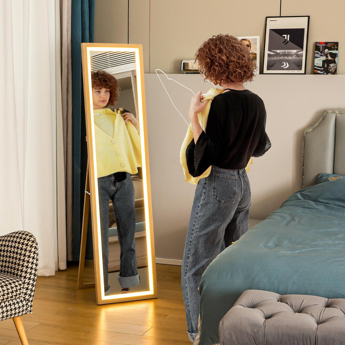 Full-Length LED Mirror, 40x160 cm, Touch Control, Oak