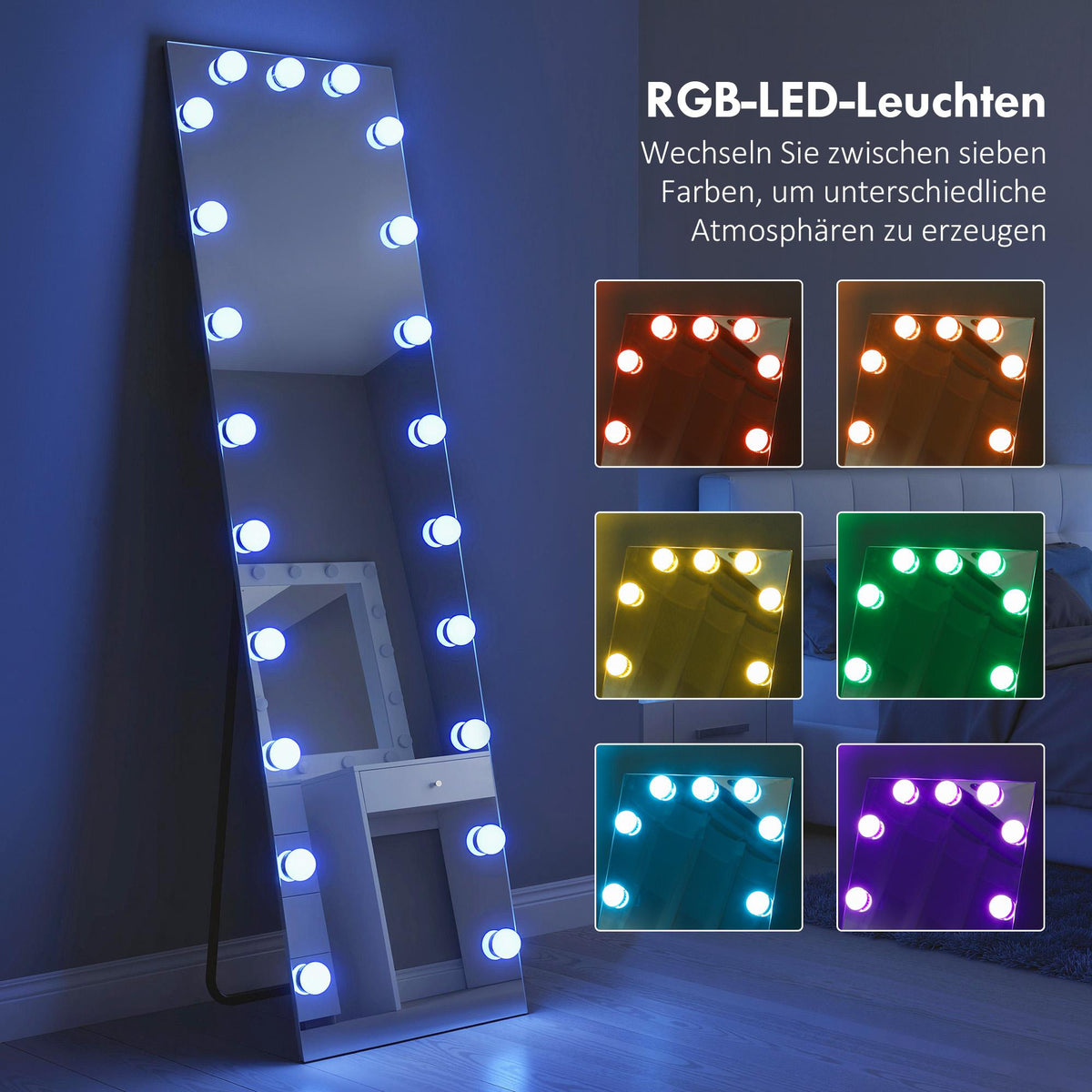 Full-Length Mirror 150x40 cm, RGB LED, Touch Control, Memory