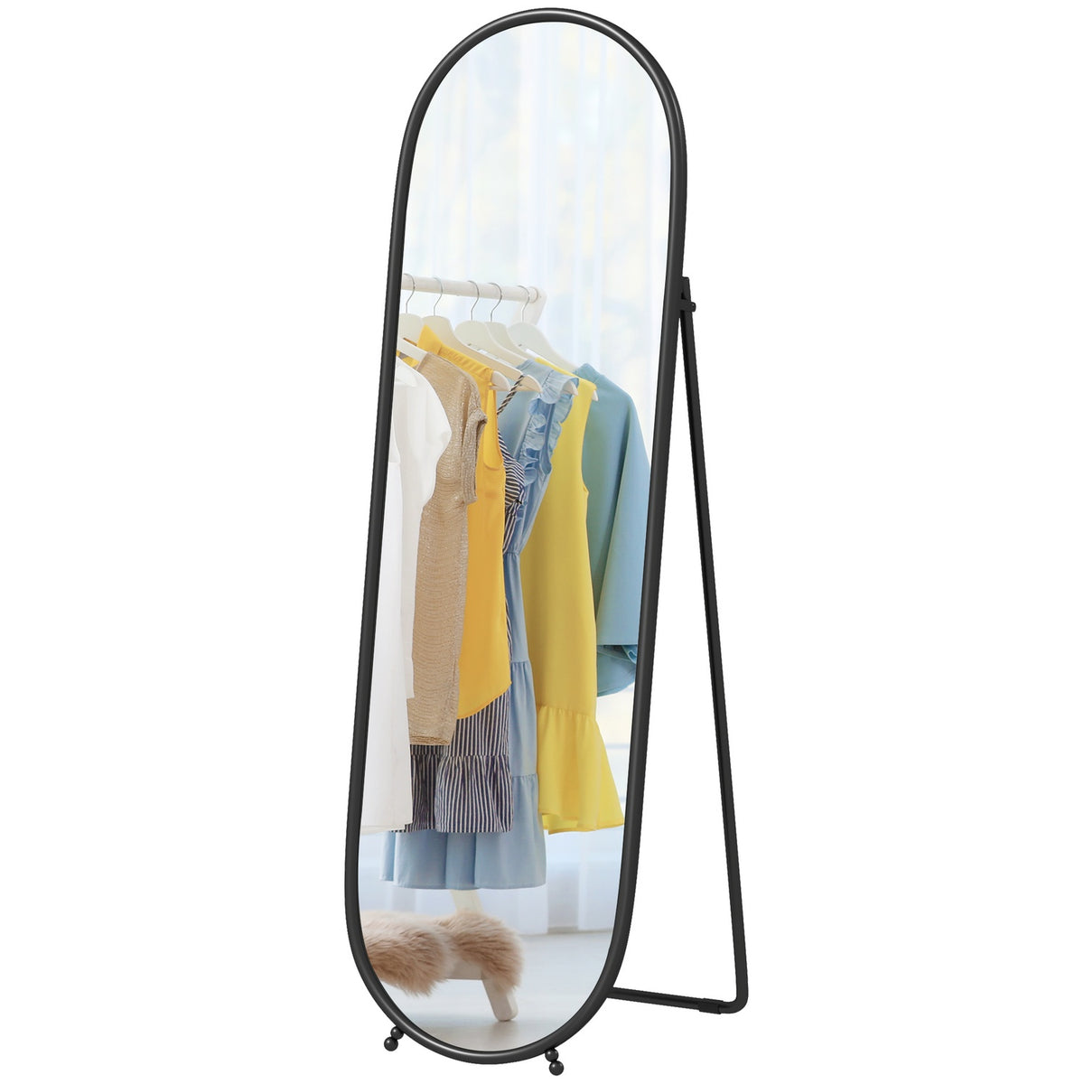 Full Length Mirror, 160 x 40 cm Wall Mirror with Stand, Metal Frame, Oval Standing Mirror for Living Room, Bedroom, Black |