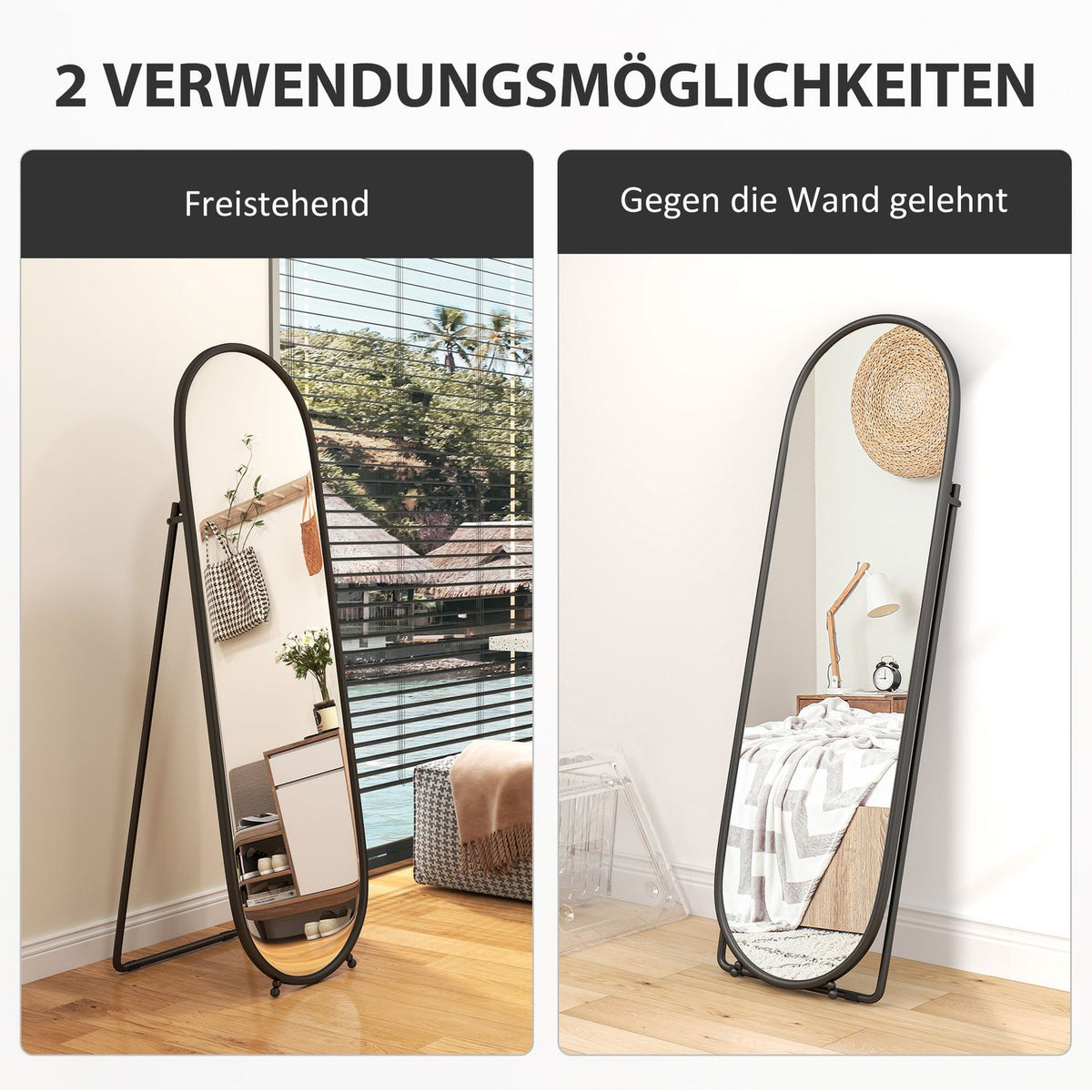 Full Length Mirror, 160 x 40 cm Wall Mirror with Stand, Metal Frame, Oval Standing Mirror for Living Room, Bedroom, Black |