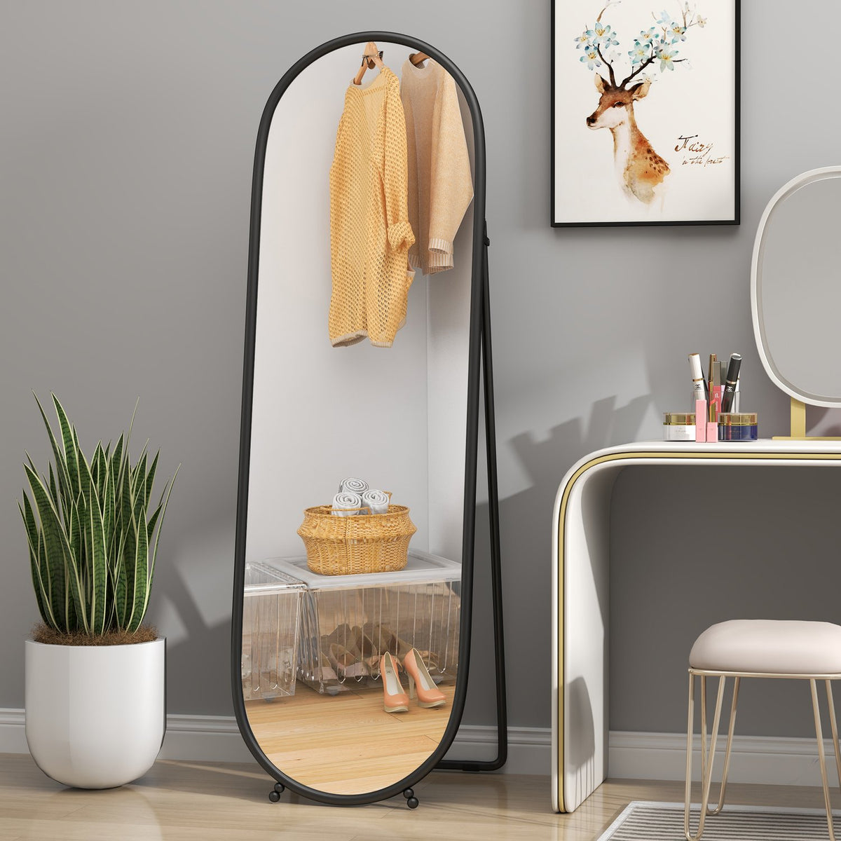 Full Length Mirror, 160 x 40 cm Wall Mirror with Stand, Metal Frame, Oval Standing Mirror for Living Room, Bedroom, Black |