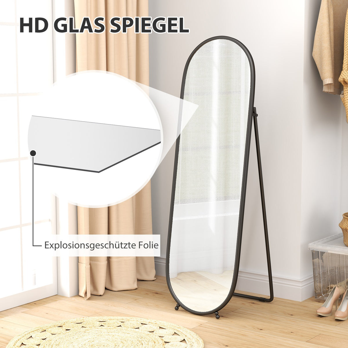 Full Length Mirror, 160 x 40 cm Wall Mirror with Stand, Metal Frame, Oval Standing Mirror for Living Room, Bedroom, Black |