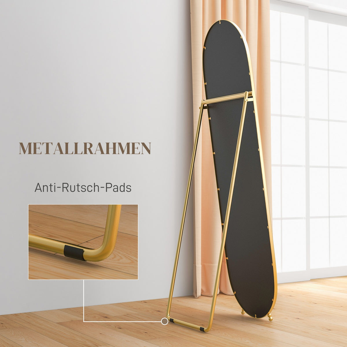 Full Length Mirror, 160 x 40 cm Wall Mirror with Stand, Metal Frame, Oval Standing Mirror for Living Room, Bedroom, Gold