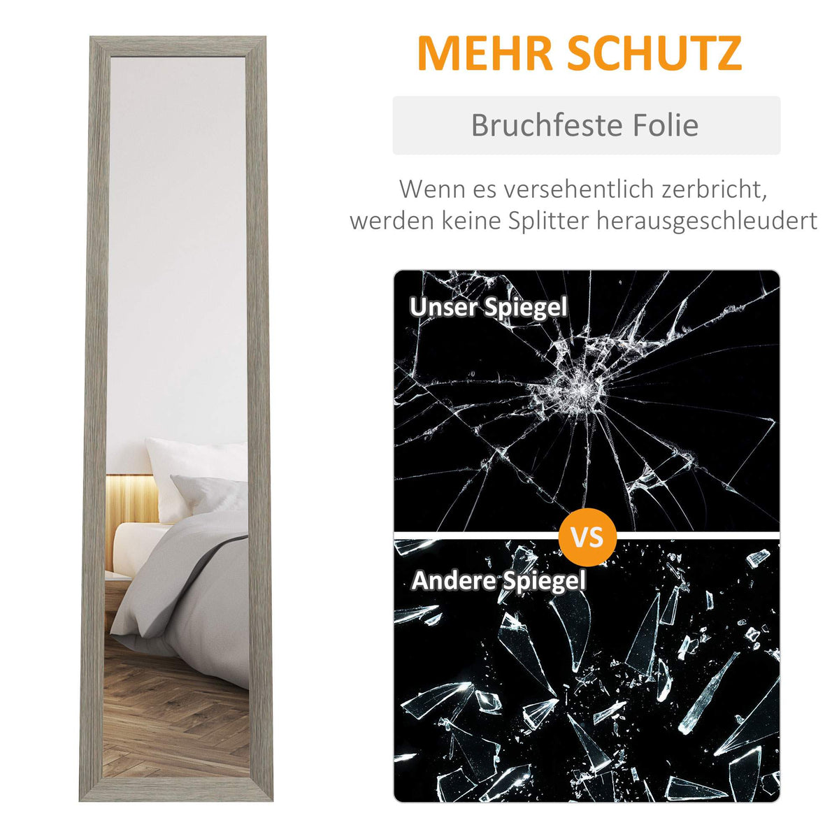 Full-Length Mirror, 37x157 cm, Wall-Mount or Freestanding, Gray