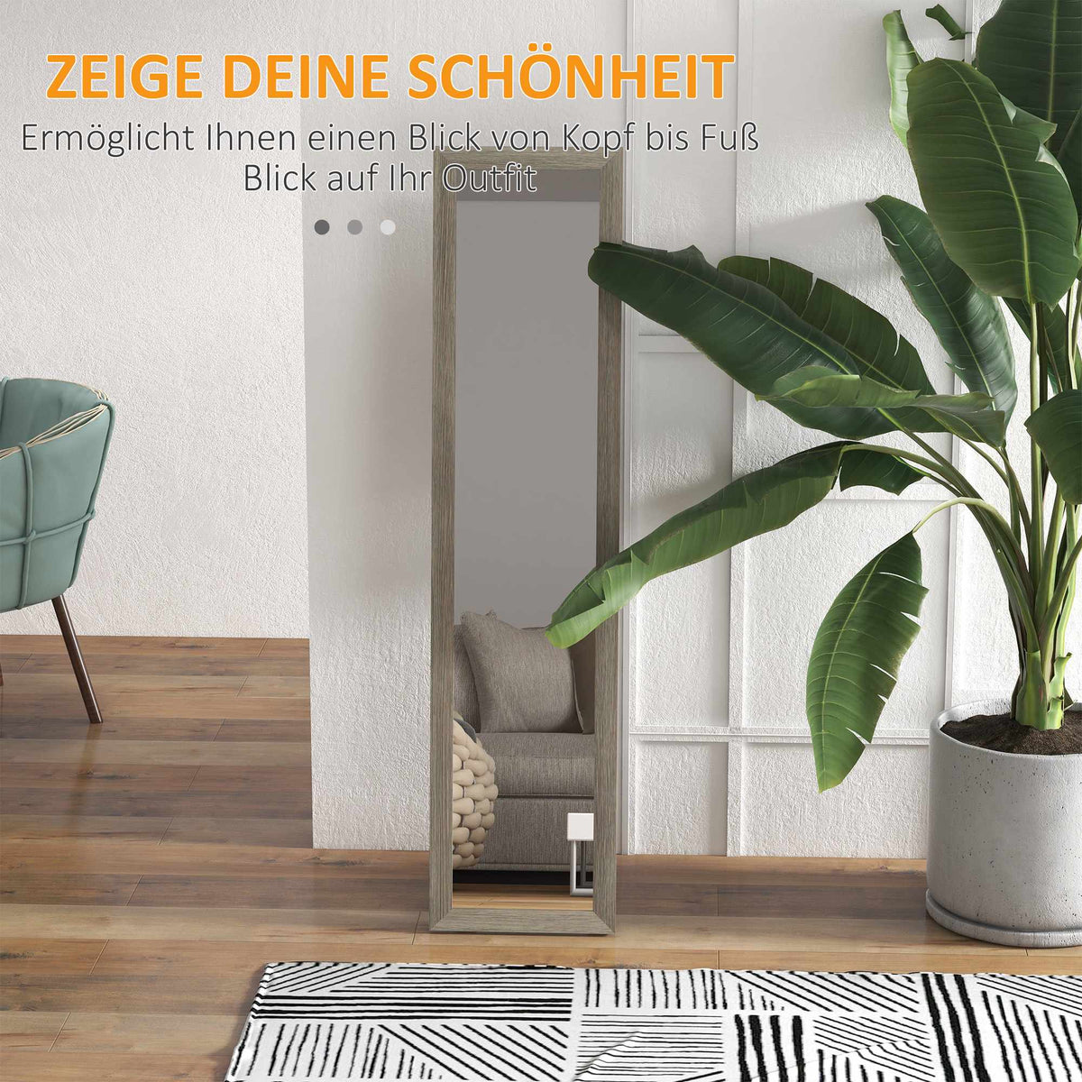 Full-Length Mirror, 37x157 cm, Wall-Mount or Freestanding, Gray