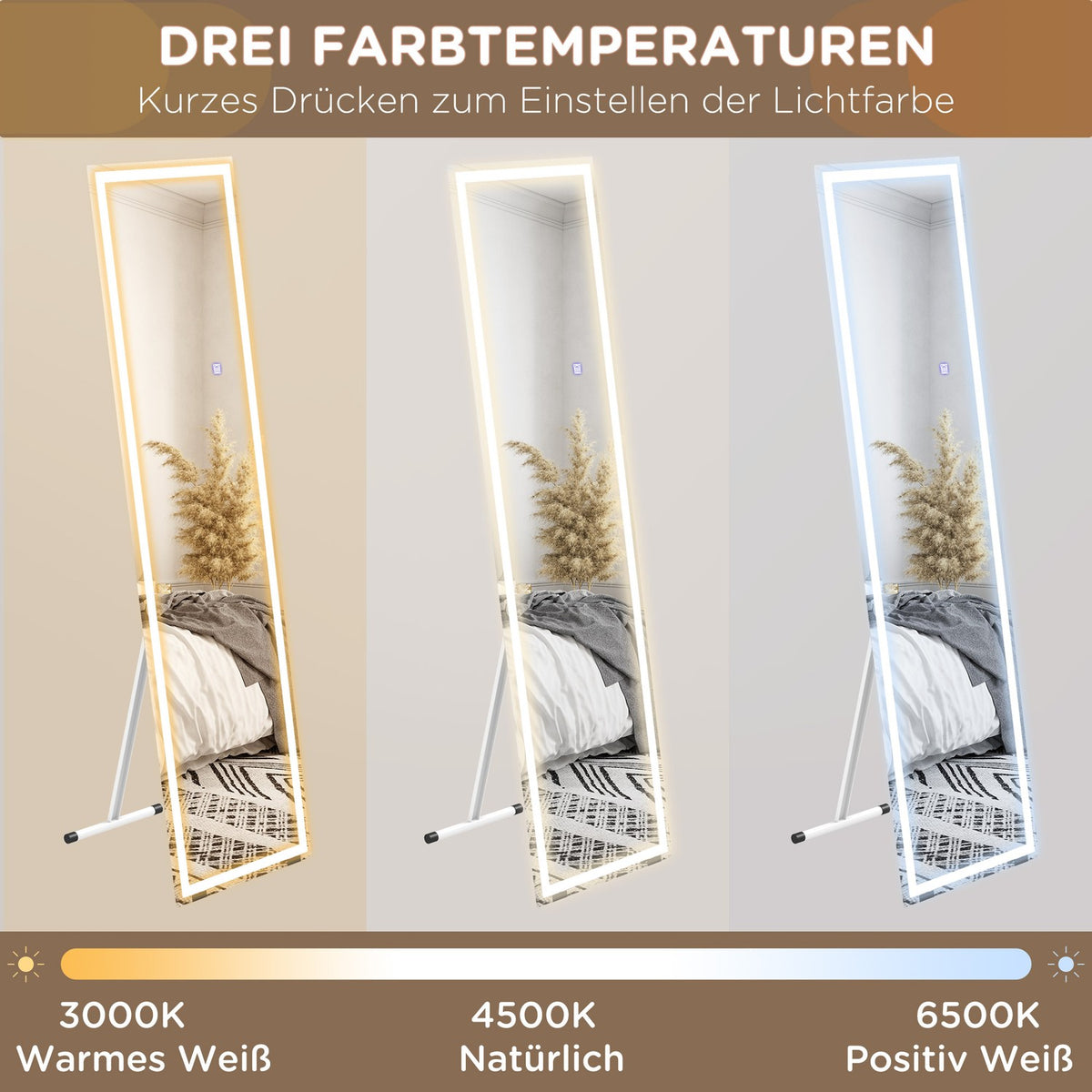 Full-Length Mirror 40X150Cm Standing And Wall Mirror Led 3 Light Colors Touch Switch White