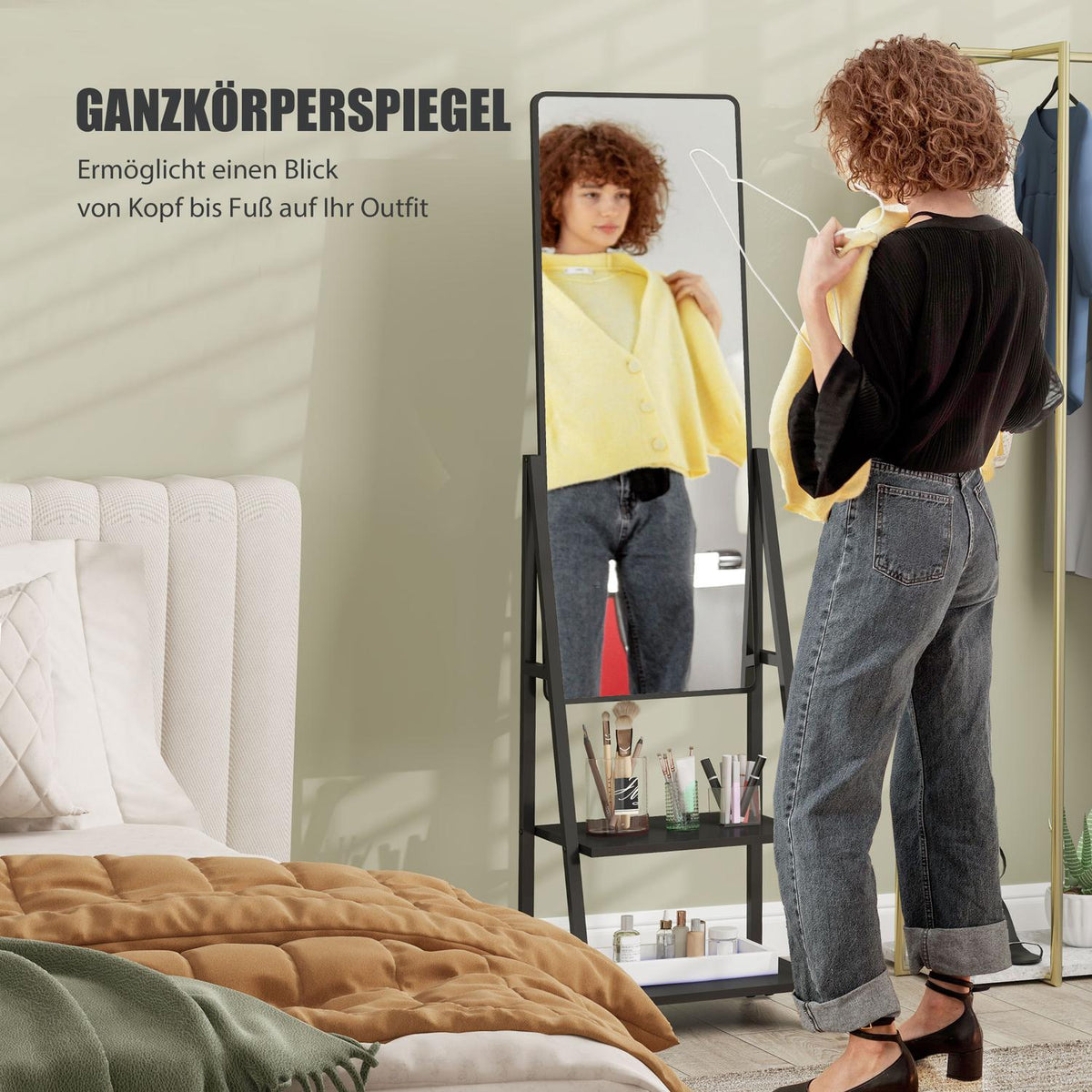 Full Length Mirror, 42 x 155 cm Standing Mirror with Shelf, Standing Mirror with Wheel, Floor Mirror for Bedroom, Living Room, Black
