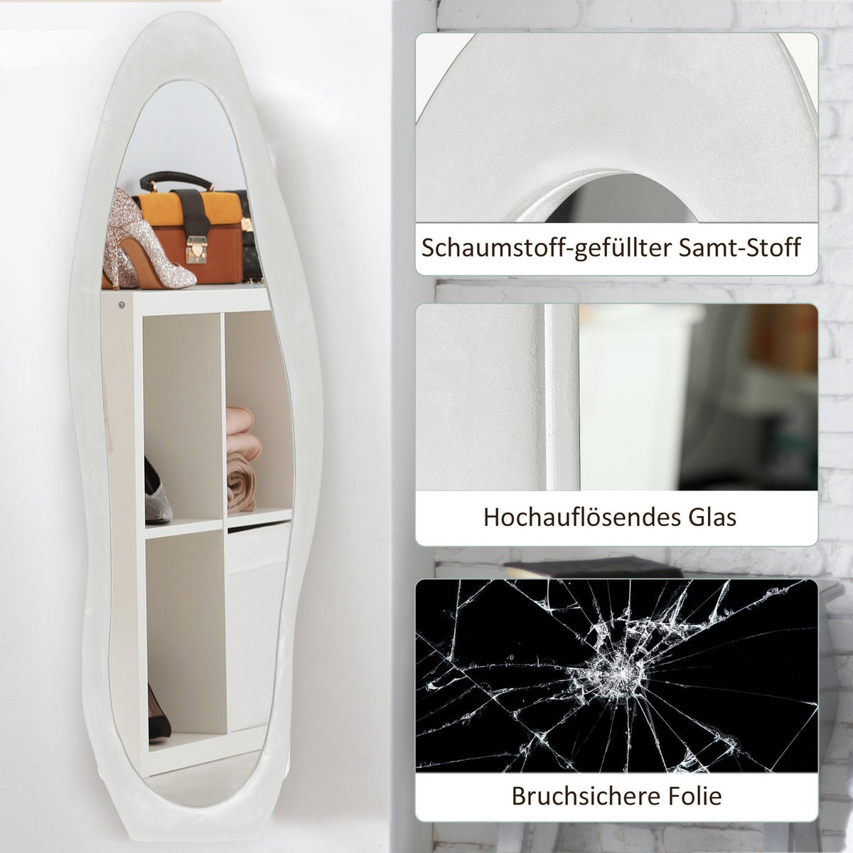 Full Length Mirror 50 x 160 cm Standing Mirror with Velvet Frame Cover, Irregular Wavy Wall Mirror for Bedroom, Living Room, White