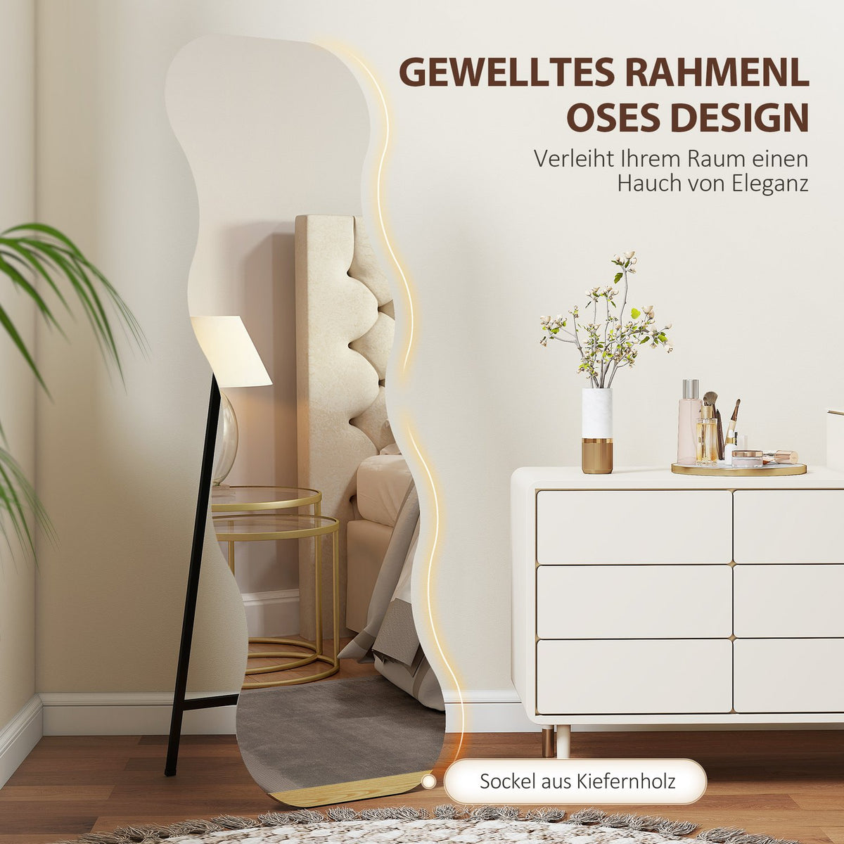 Full-Length Mirror, Frameless, Wood Base, Wave Shape, Black