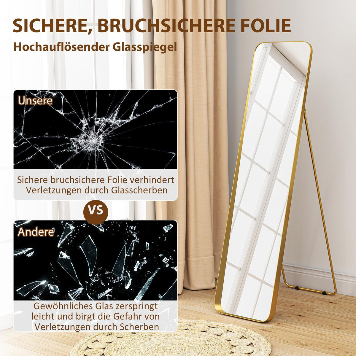 Full-Length Mirror, Freestanding Tilt, Gold Metal Frame, 160x40 cm
