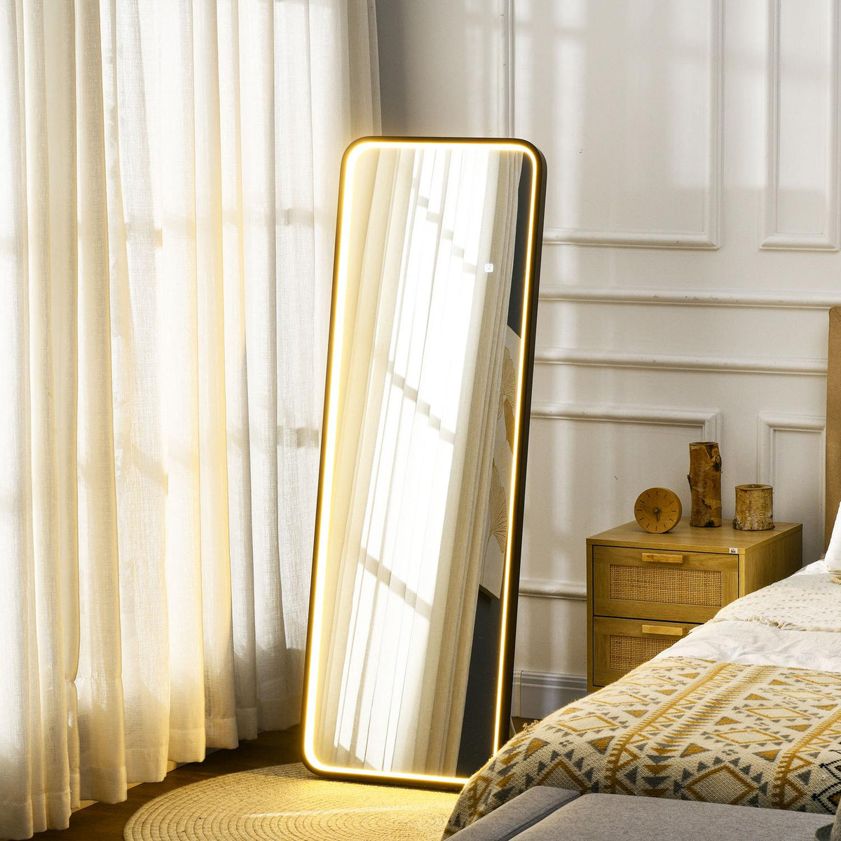 Full-Length Mirror With Led Light Wall Mirror, Standing Mirror, Dimmable, Light Mirror With Touch Switch, Black, 46X146 Cm