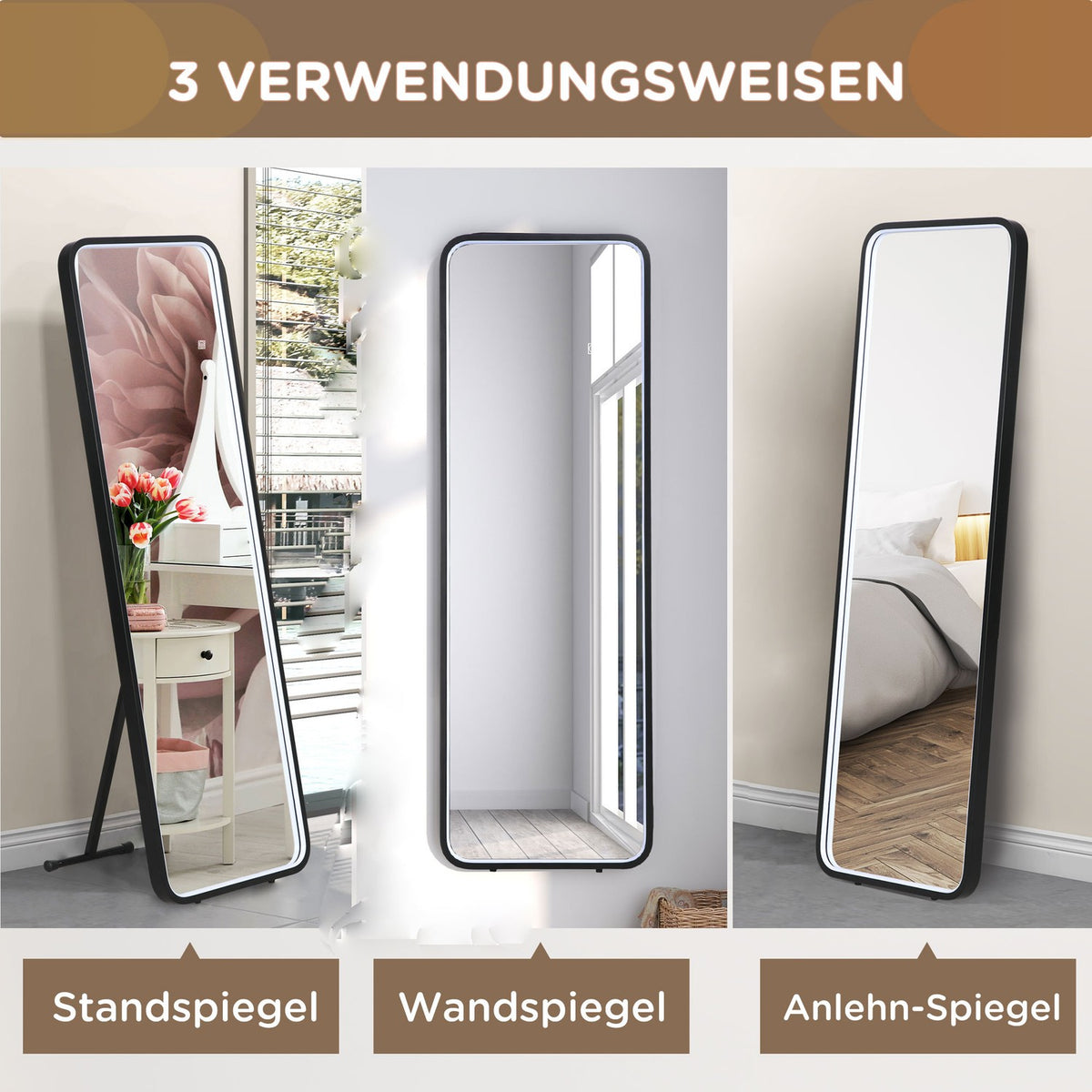 Full-Length Mirror With Led Light Wall Mirror, Standing Mirror, Dimmable, Light Mirror With Touch Switch, Black, 46X146 Cm