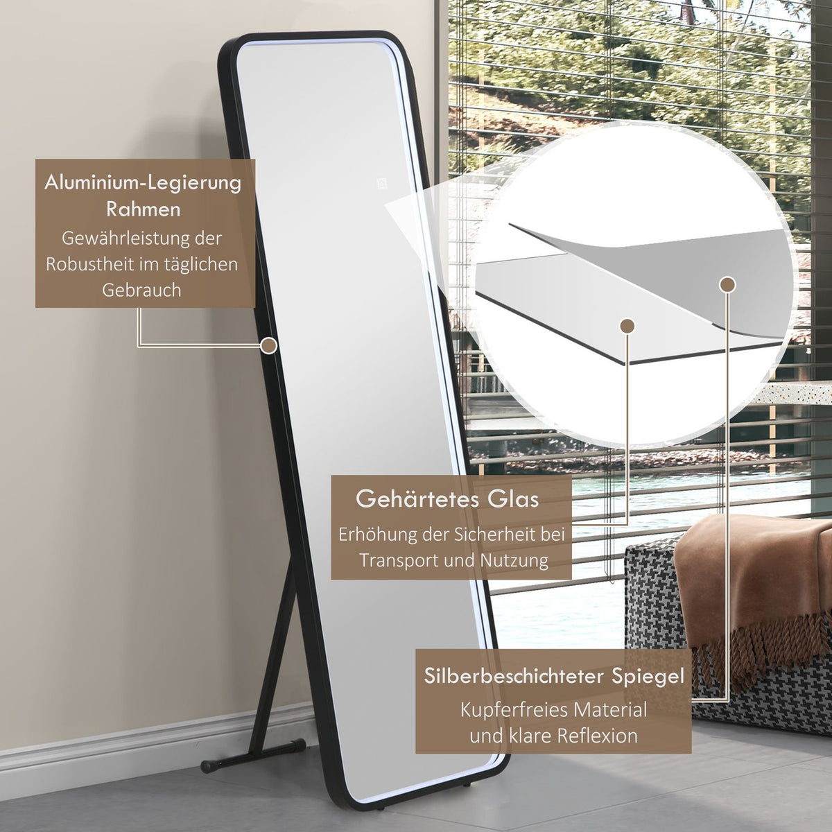 Full-Length Mirror With Led Light Wall Mirror, Standing Mirror, Dimmable, Light Mirror With Touch Switch, Black, 46X146 Cm
