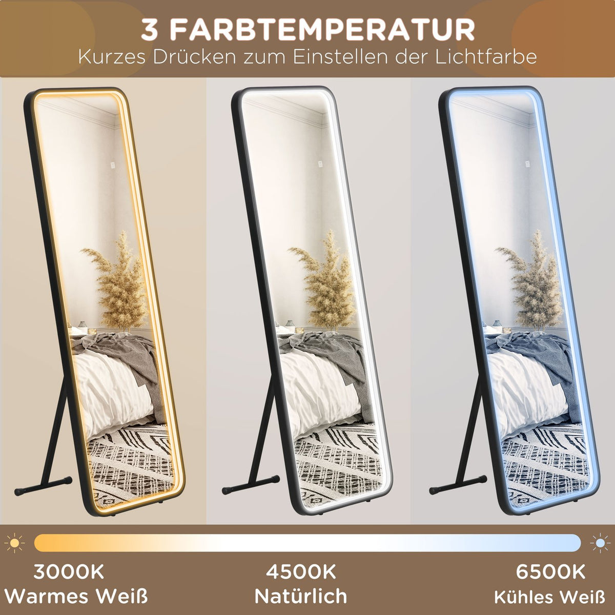 Full-Length Mirror With Led Light Wall Mirror, Standing Mirror, Dimmable, Light Mirror With Touch Switch, Black, 46X146 Cm