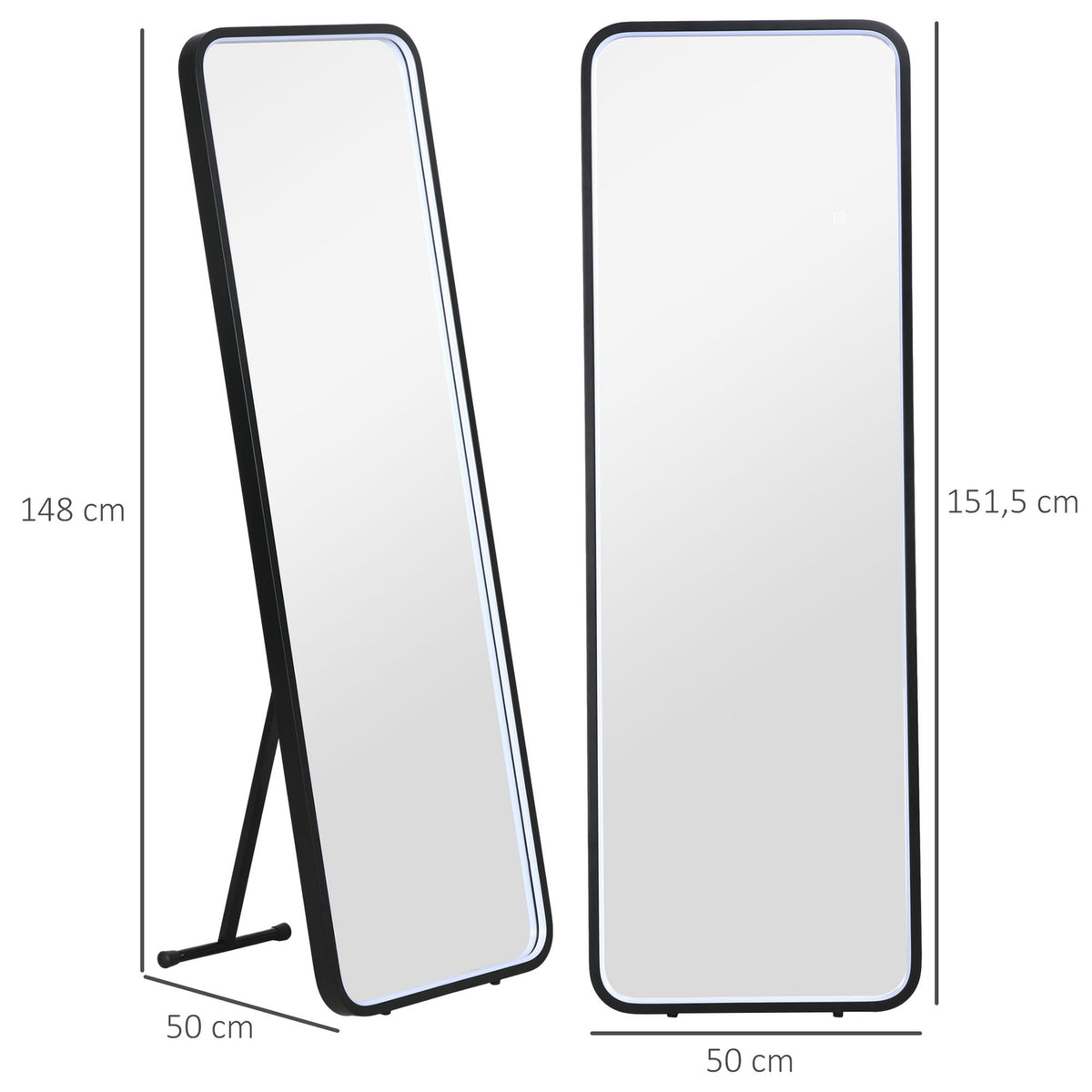 Full-Length Mirror With Led Light Wall Mirror, Standing Mirror, Dimmable, Light Mirror With Touch Switch, Black, 46X146 Cm