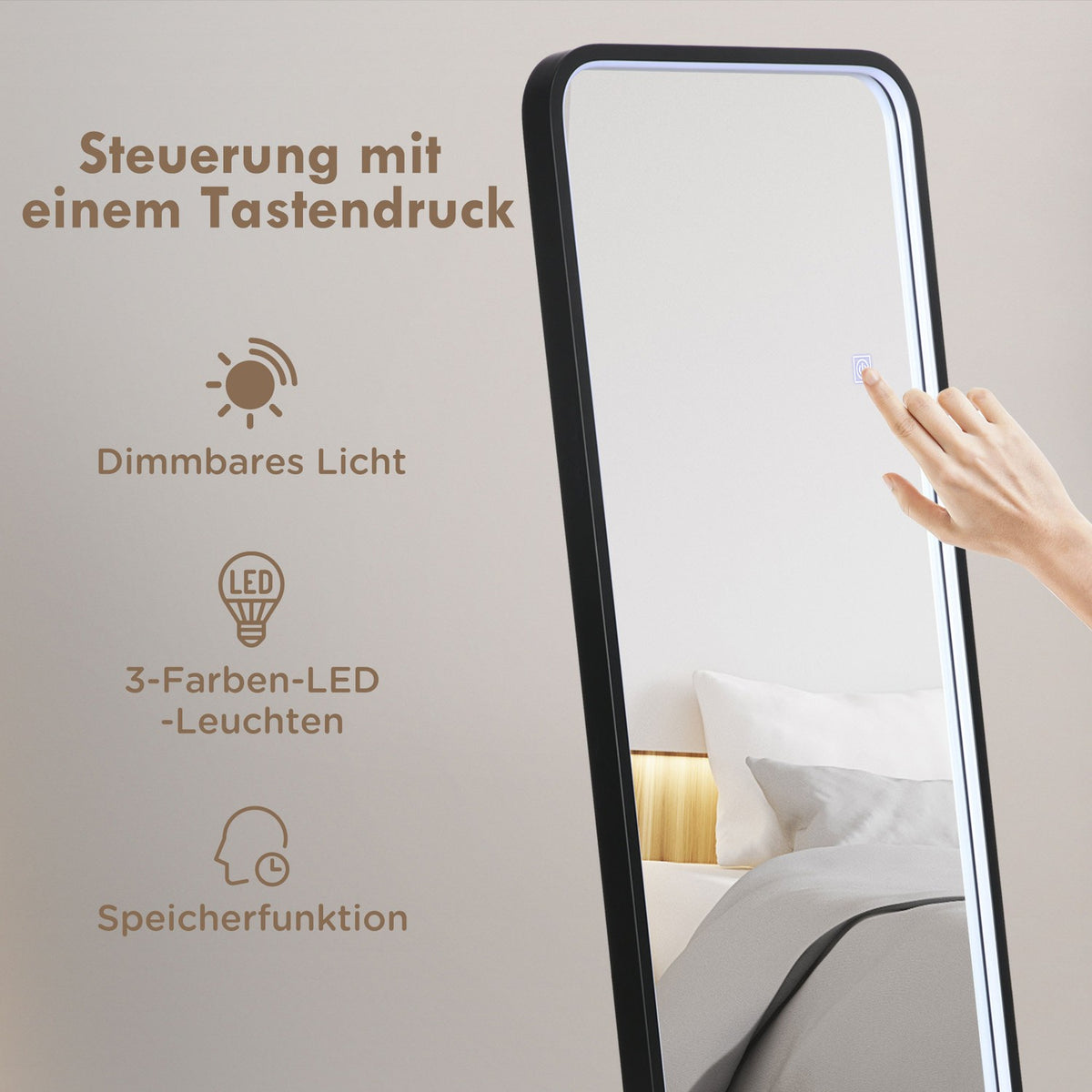Full-Length Mirror With Led Light Wall Mirror, Standing Mirror, Dimmable, Light Mirror With Touch Switch, Black, 46X146 Cm