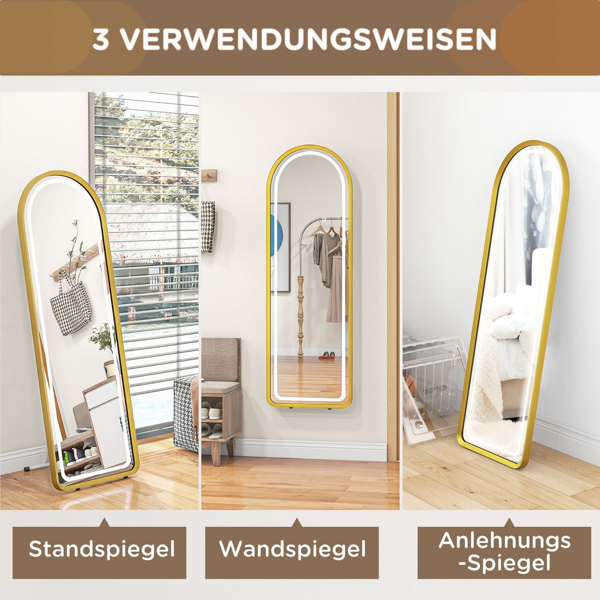 Full-Length Mirror With Led Light Wall Mirror, Standing Mirror, Dimmable, Wardrobe Mirror With Touch Switch, Gold, 47X146 Cm