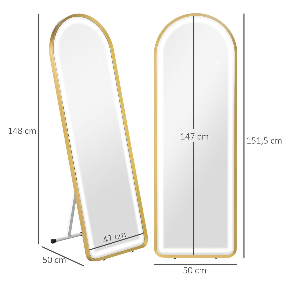 Full-Length Mirror With Led Light Wall Mirror, Standing Mirror, Dimmable, Wardrobe Mirror With Touch Switch, Gold, 47X146 Cm