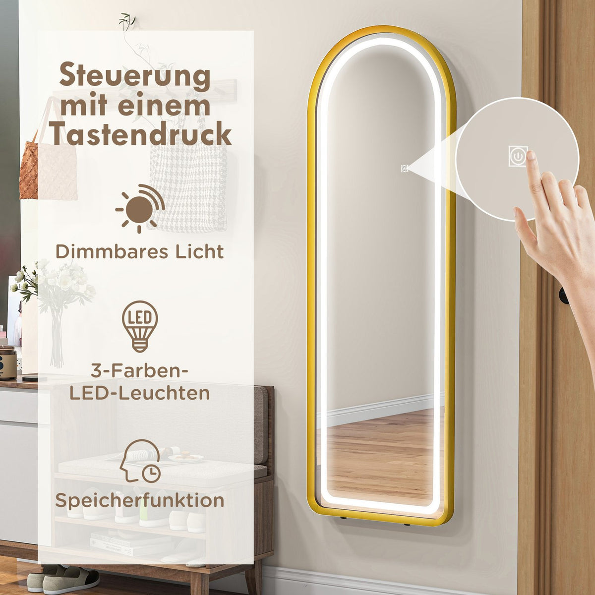 Full-Length Mirror With Led Light Wall Mirror, Standing Mirror, Dimmable, Wardrobe Mirror With Touch Switch, Gold, 47X146 Cm