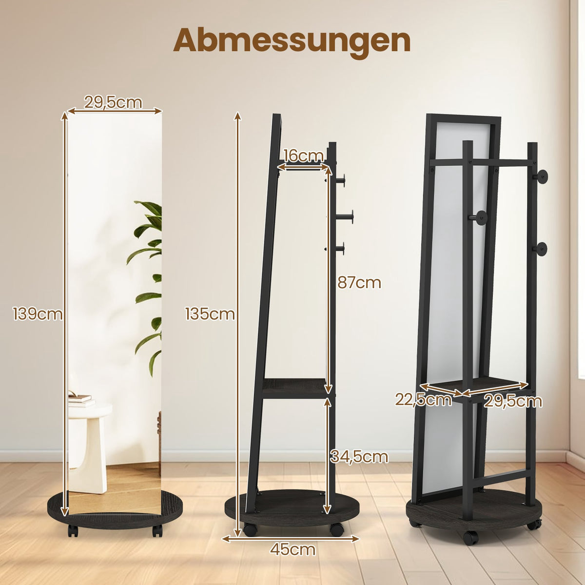 Full-Length Mirror with Hooks, Shelves & Wheels, Black