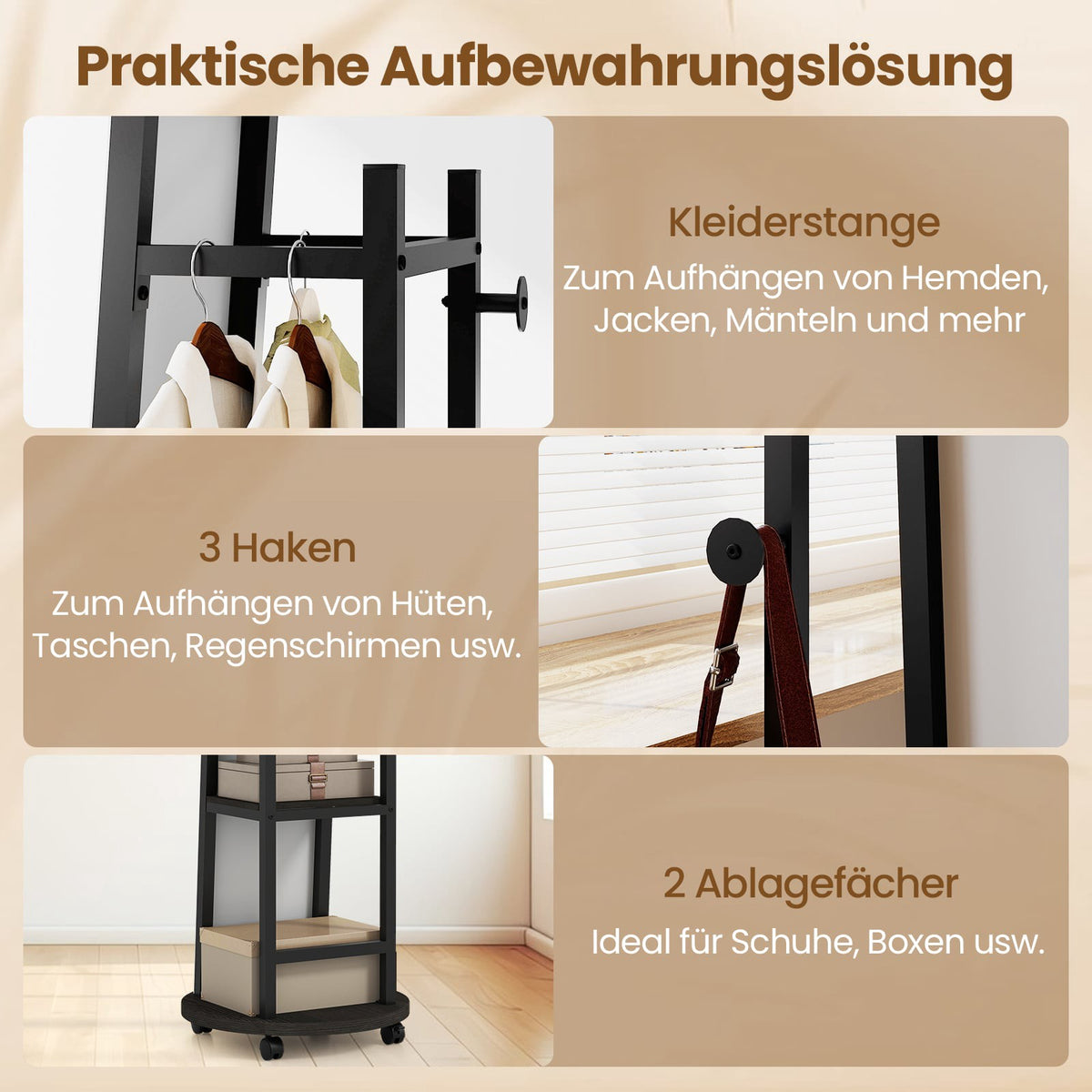 Full-Length Mirror with Hooks, Shelves & Wheels, Black