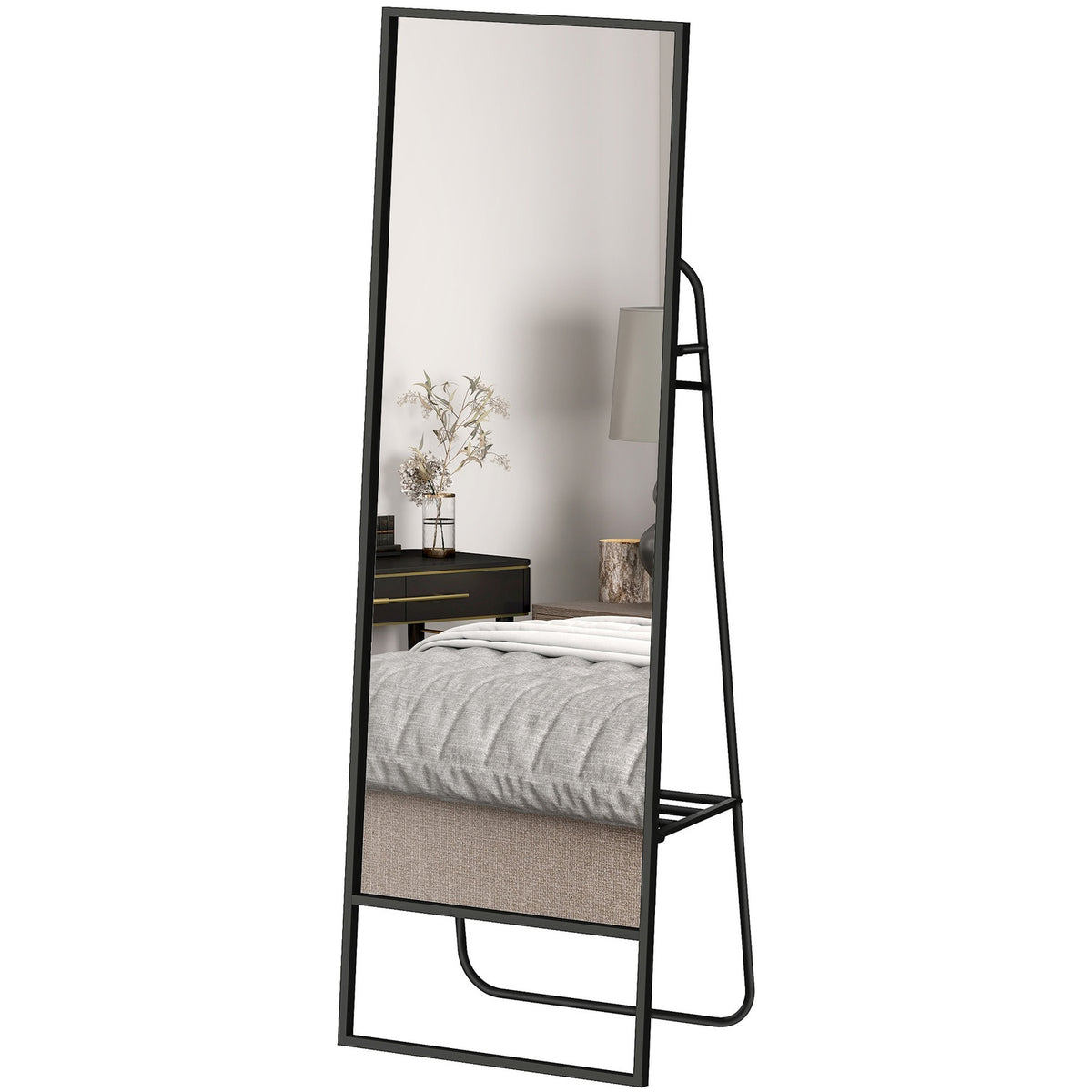 Full-Length Mirror with Shelf & Hooks, Black, 157x50 cm