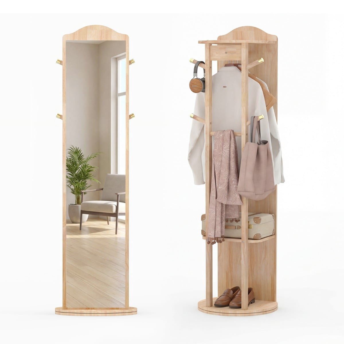 Full-Length Mirror with Stand, Rotating Coat Rack, Natural Wood