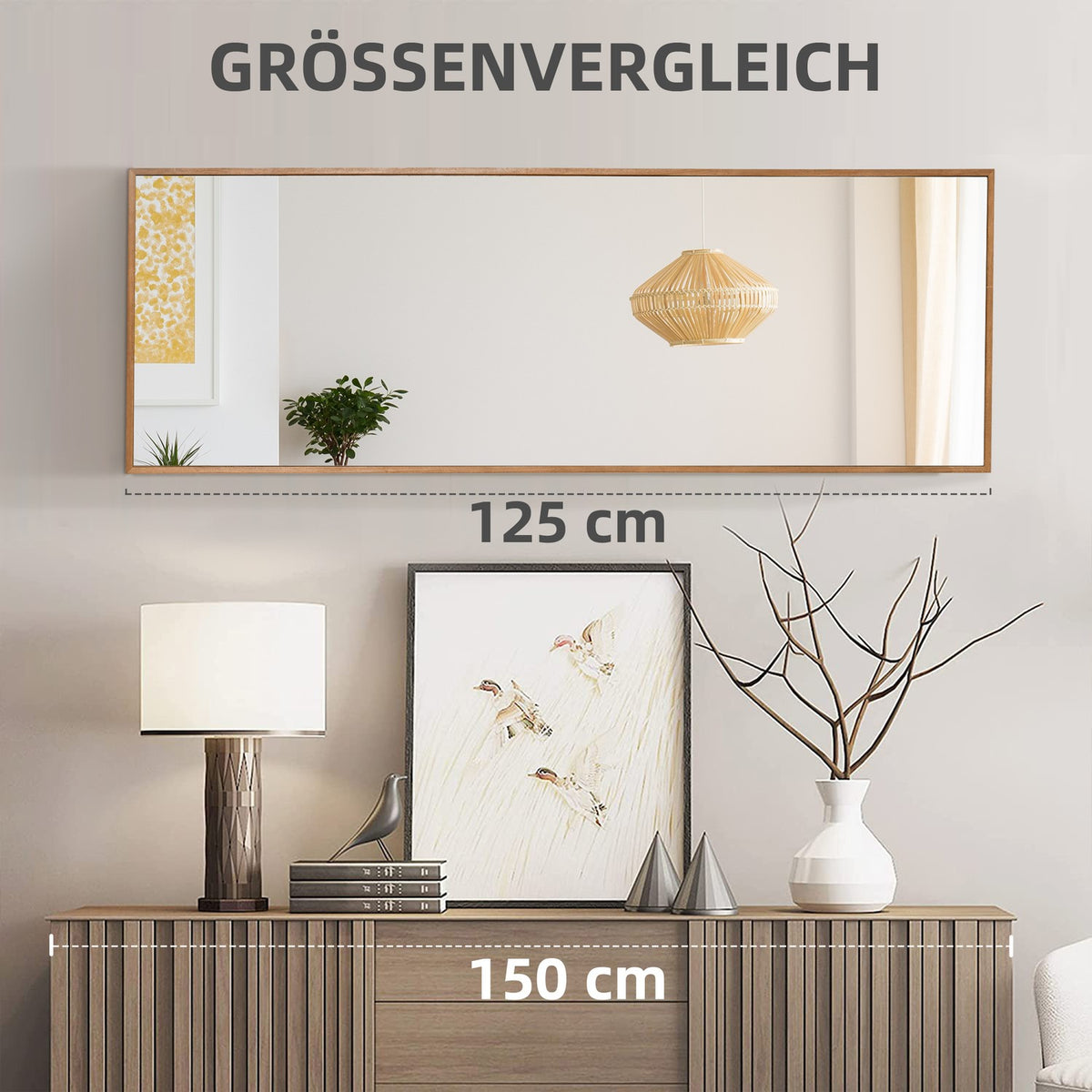 Full-Length Wall Mirror 125X45Cm With Wooden Frame, Natural, For Cloakroom Or Hallway