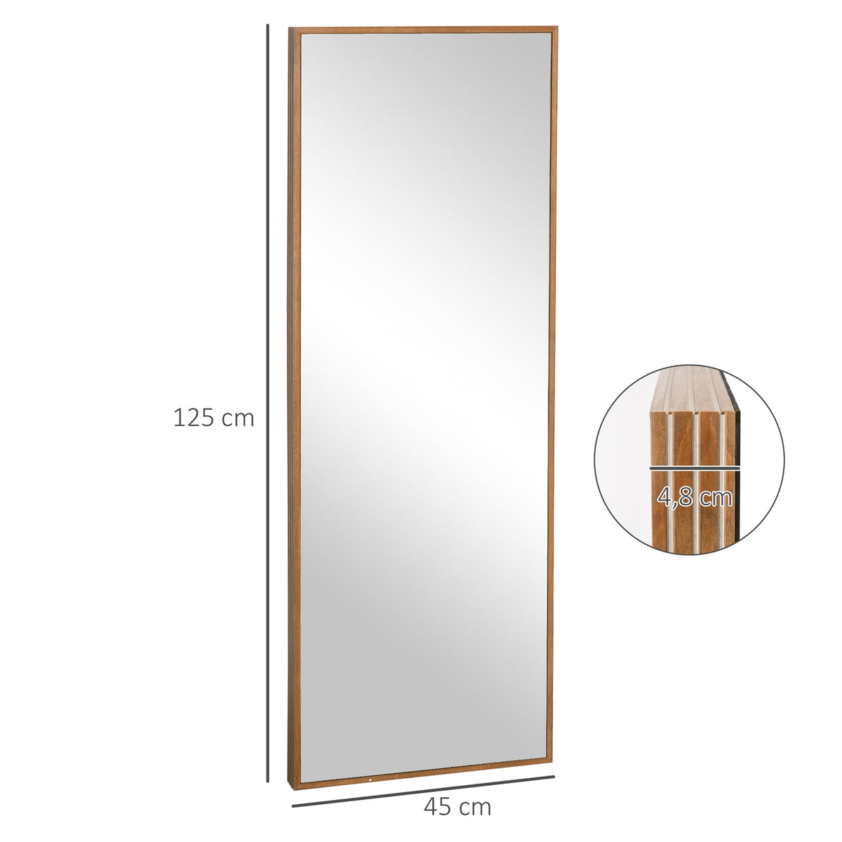 Full-Length Wall Mirror 125X45Cm With Wooden Frame, Natural, For Cloakroom Or Hallway