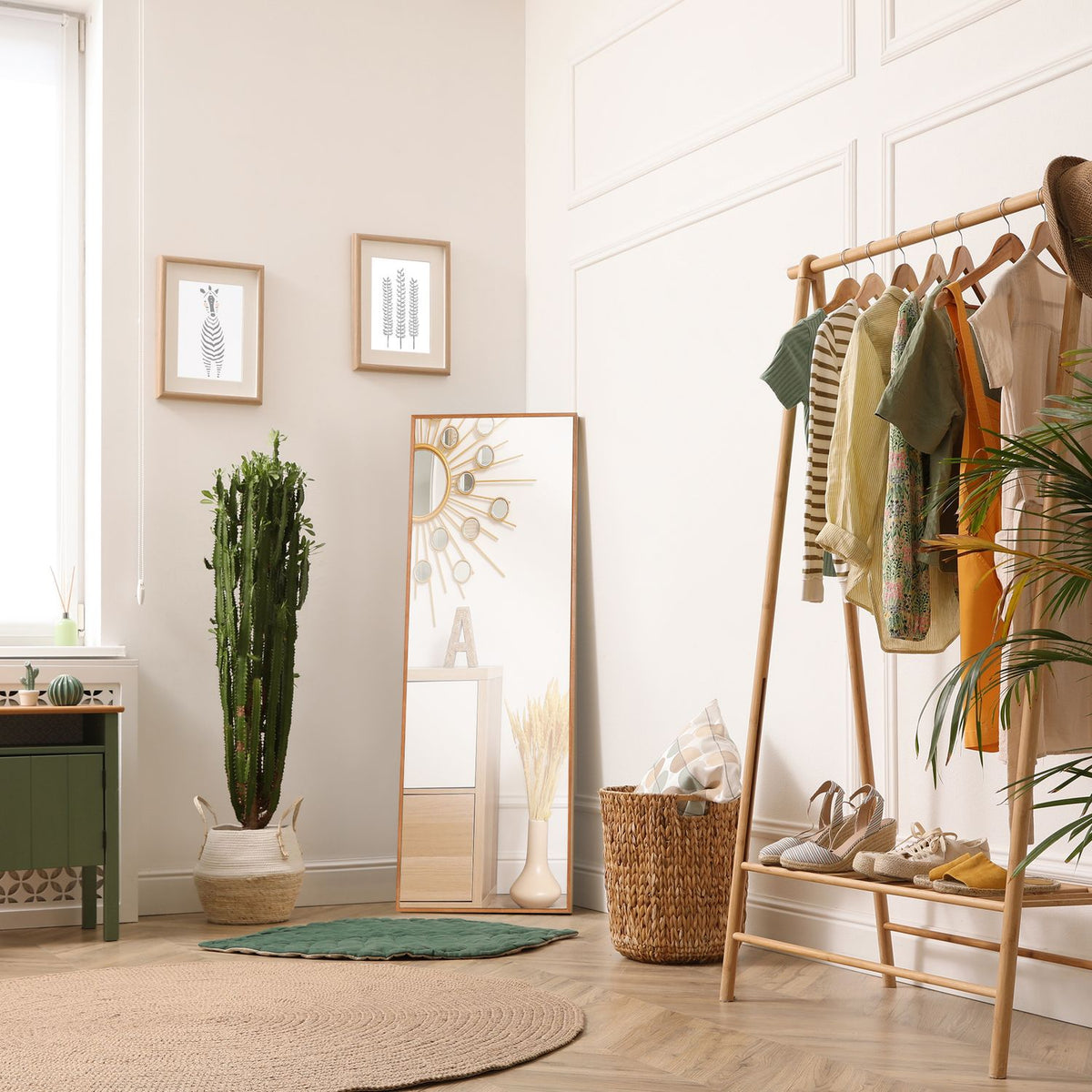 Full-Length Wall Mirror 125X45Cm With Wooden Frame, Natural, For Cloakroom Or Hallway