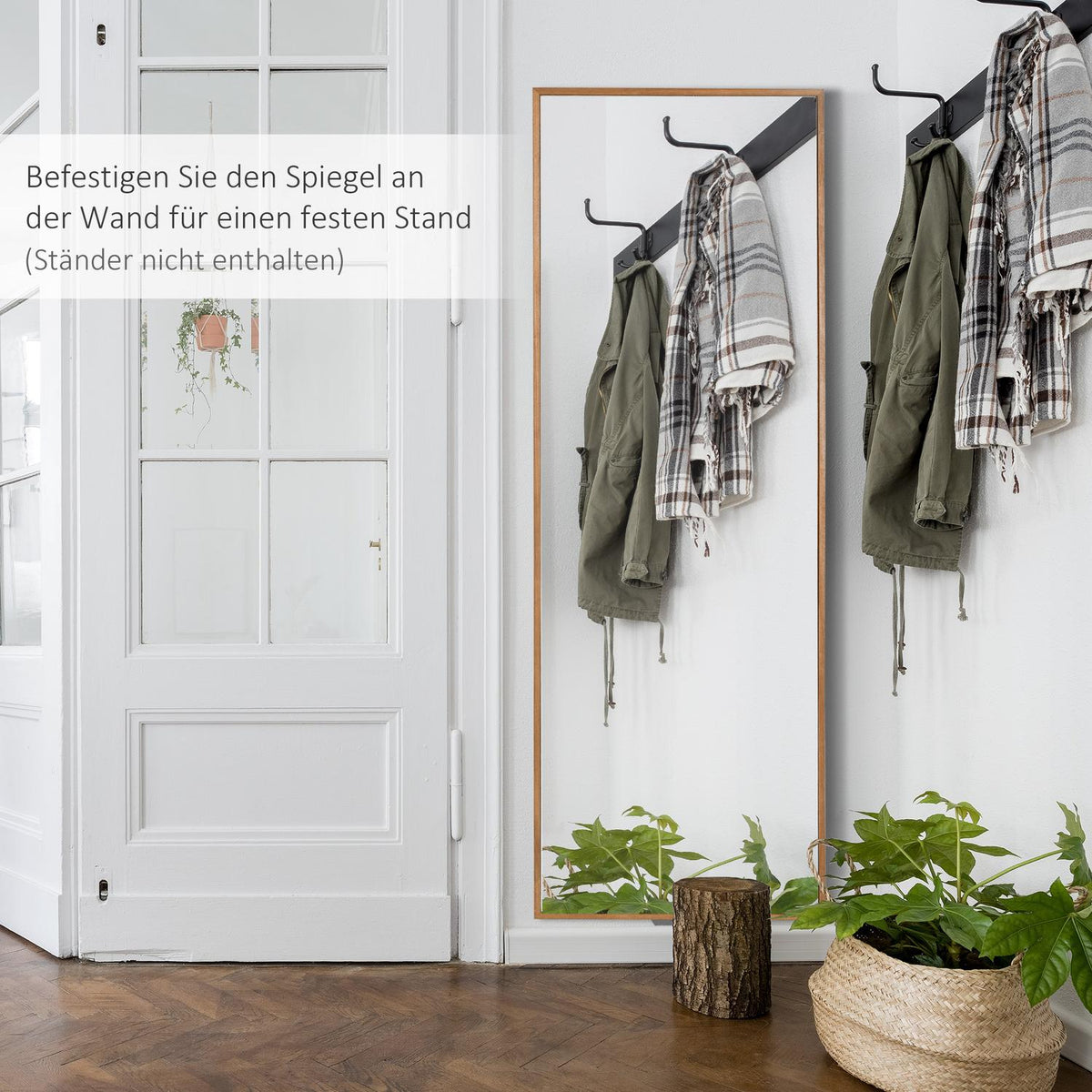 Full-Length Wall Mirror 125X45Cm With Wooden Frame, Natural, For Cloakroom Or Hallway