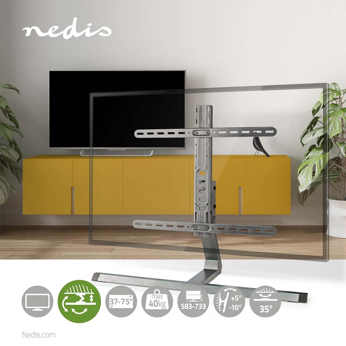 Full Motion TV Stand | 37 - 75 " | Maximum supported screen weight: 40 kg | Tiltable | Rotatable | Adjustable pre-fixed heights | Aluminium / Steel | Grey
