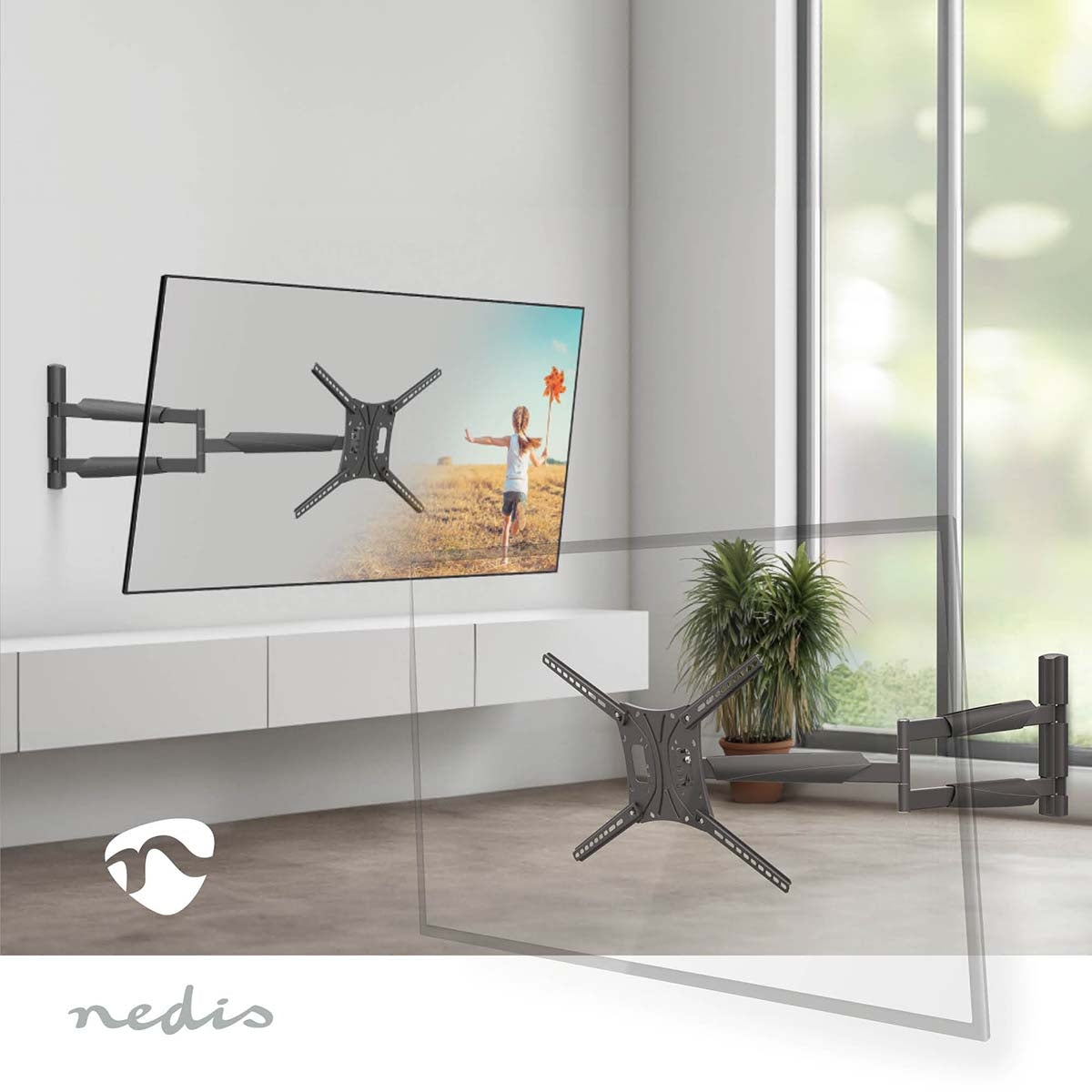 Full Motion TV Wall Mount | 13 - 86 " | Maximum supported screen weight: 60 kg | Tiltable | Rotatable | Minimum wall distance: 70 mm | Maximum wall distance: 1020 mm | 3 Pivot point(s) | ABS / Steel | Black