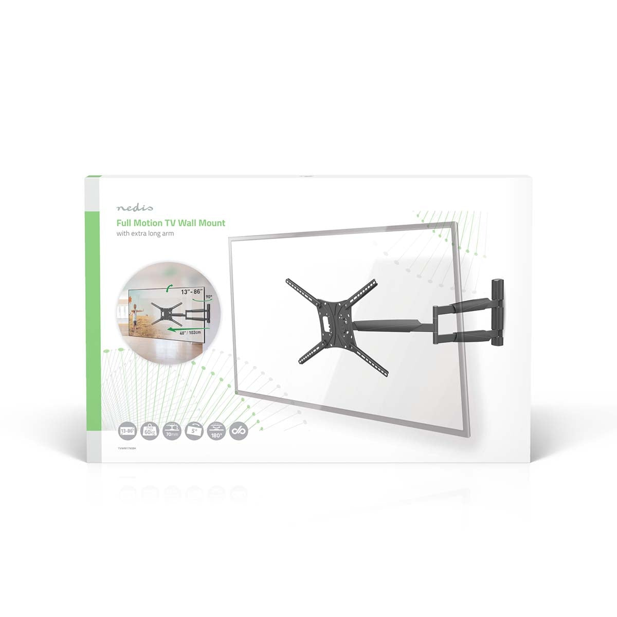 Full Motion TV Wall Mount | 13 - 86 " | Maximum supported screen weight: 60 kg | Tiltable | Rotatable | Minimum wall distance: 70 mm | Maximum wall distance: 1020 mm | 3 Pivot point(s) | ABS / Steel | Black