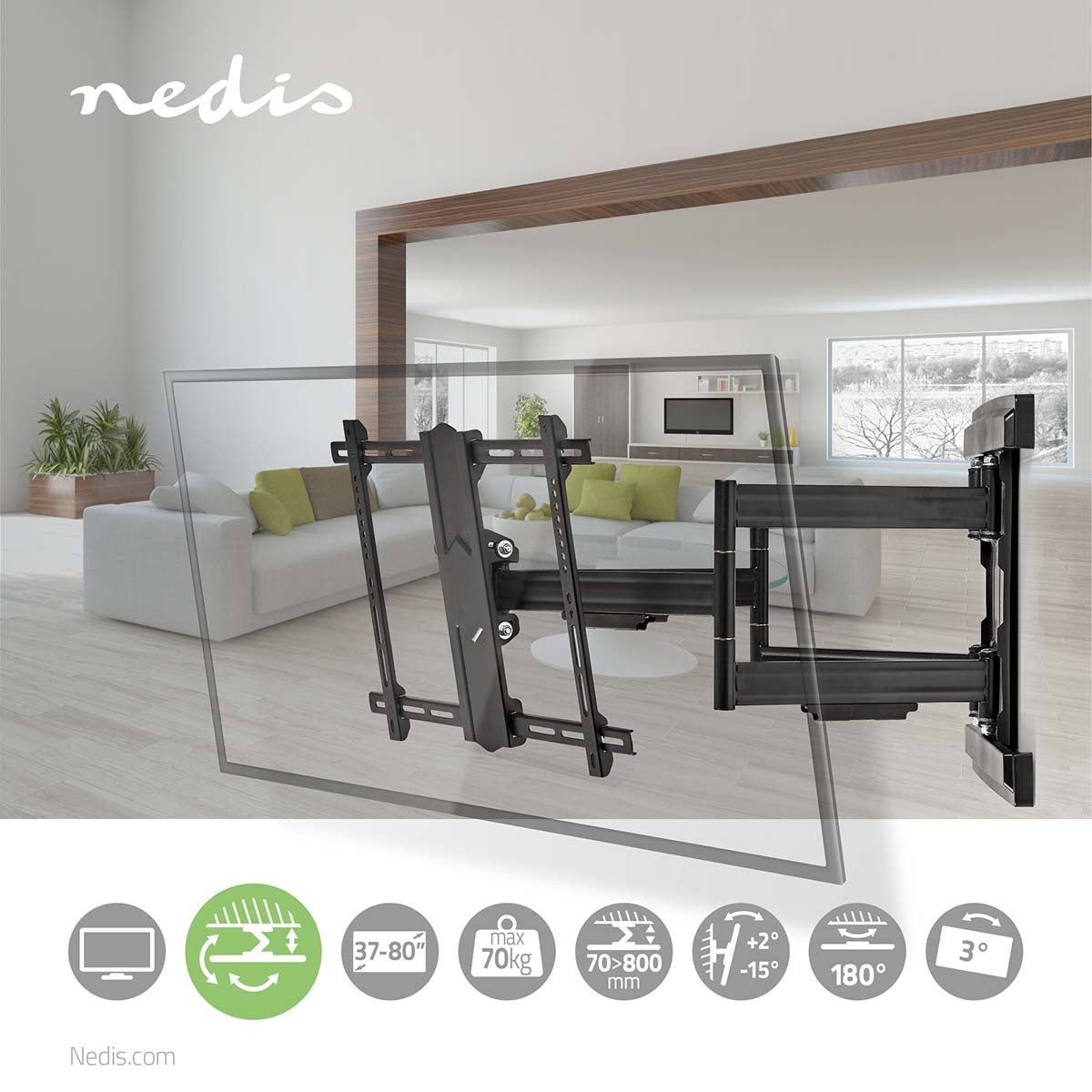Full Motion TV Wall Mount | 37 - 80 " | Maximum supported screen weight: 70 kg | Tiltable | Rotatable | Minimum wall distance: 70 mm | Maximum wall distance: 800 mm | 6 Pivot point(s) | Steel | Black
