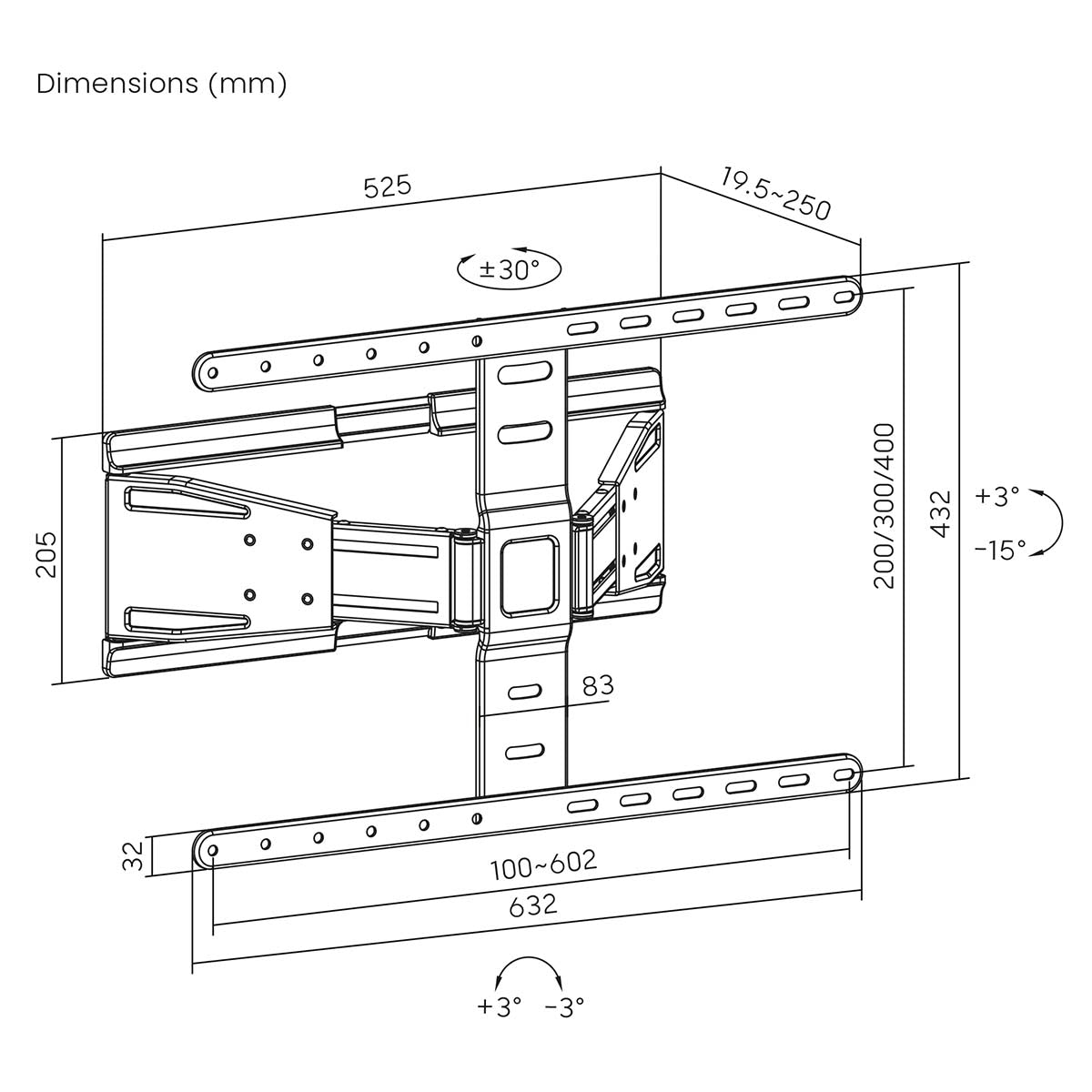 Full Motion TV Wall Mount | 43 - 90 " | Maximum supported screen weight: 50 kg | Tiltable | Rotatable | Minimum wall distance: 19.6 mm | 2 Pivot point(s) | ABS / Metal | Black