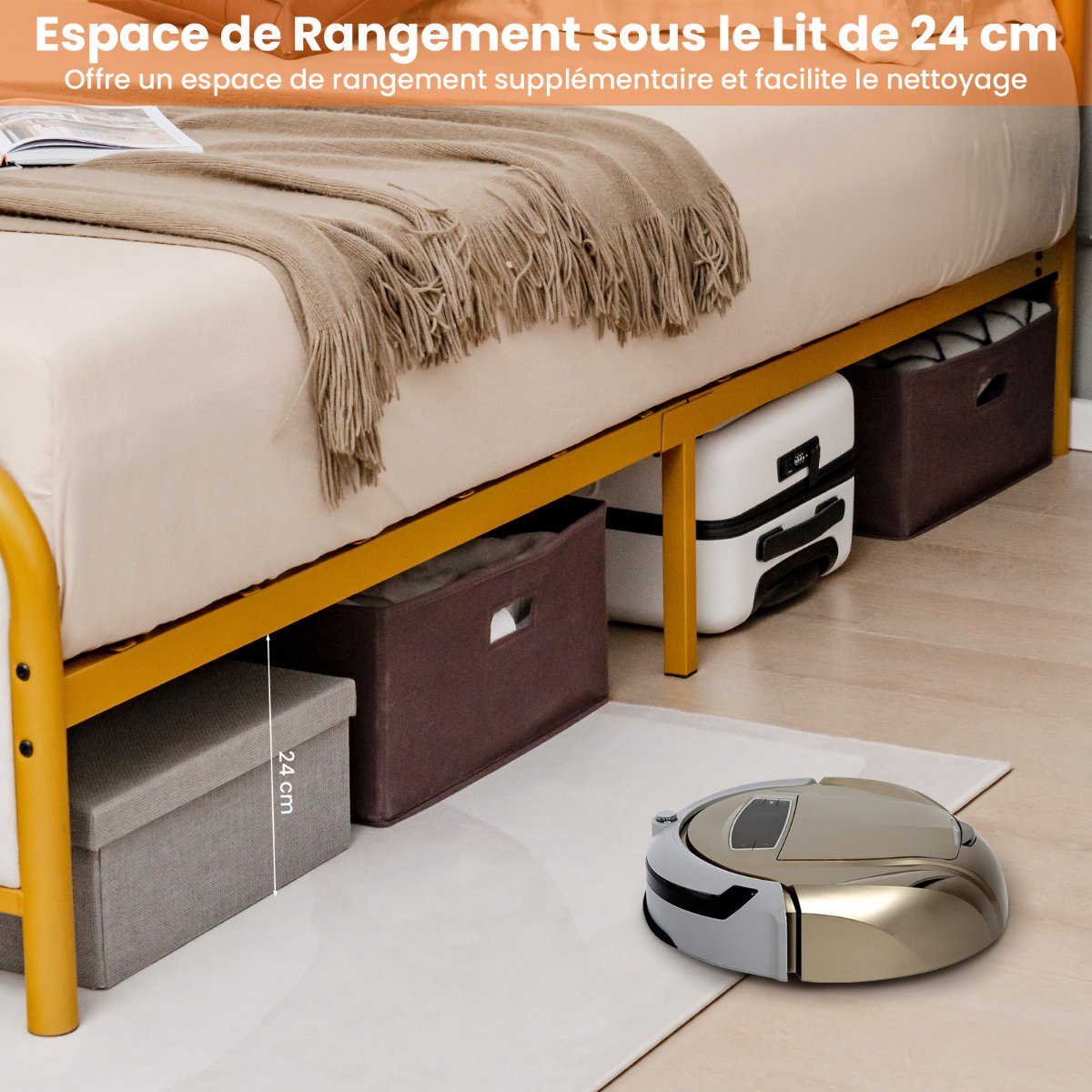 Full Size Metal Platform Bed Frame, Gold, Padded Headboard