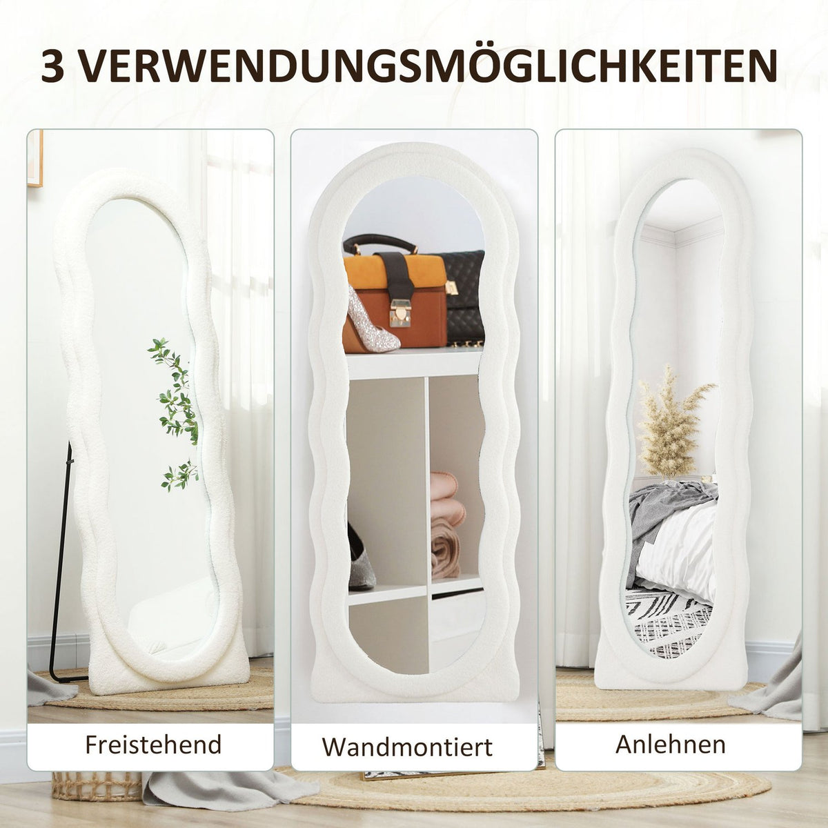 Full length mirror 160 x 60 cm Curved standing mirror with wave design Shatterproof glass White