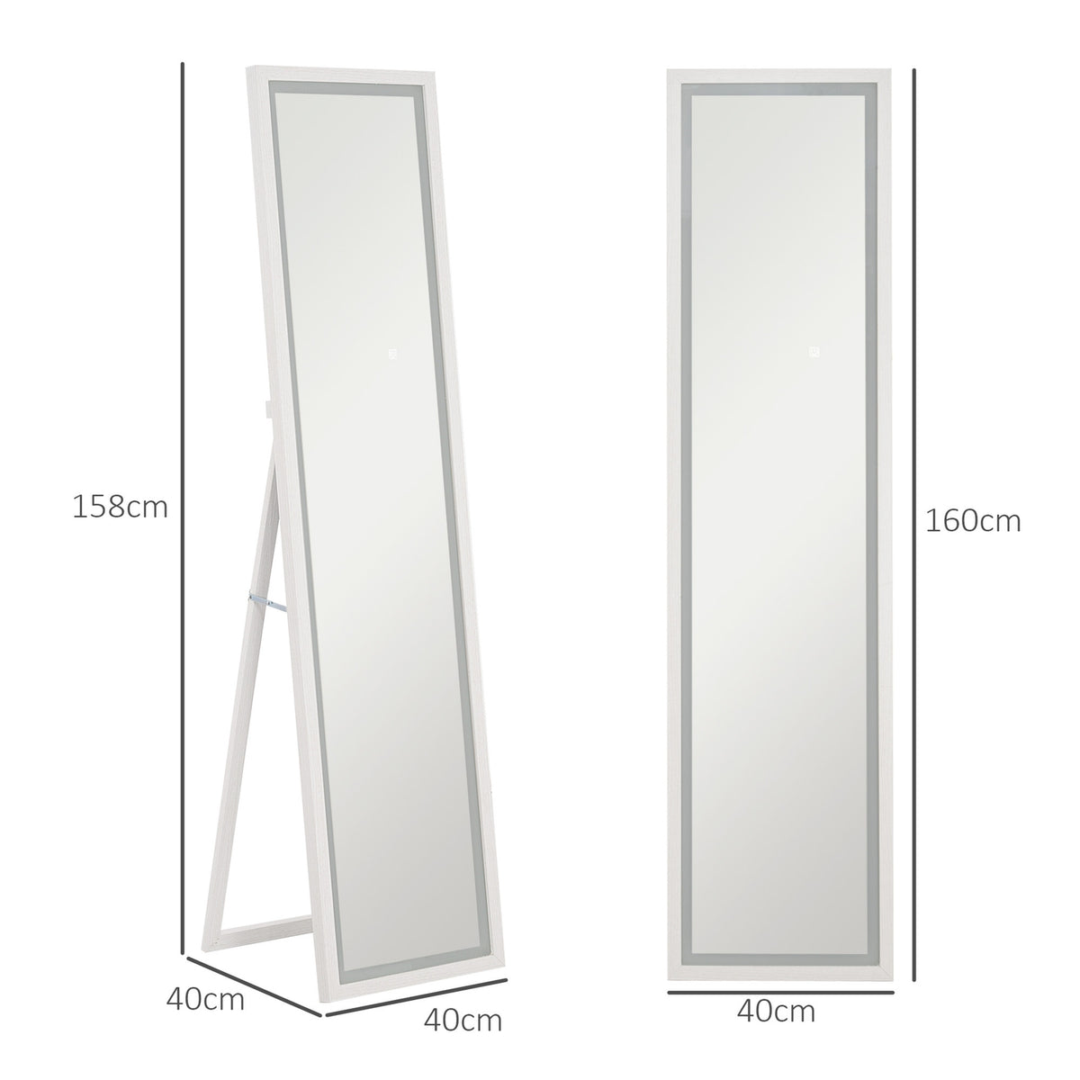 Full-length mirror 40 x 160 cm standing mirror with LED light, wall mirror with touch control, floor mirror for bedroom, living room, white