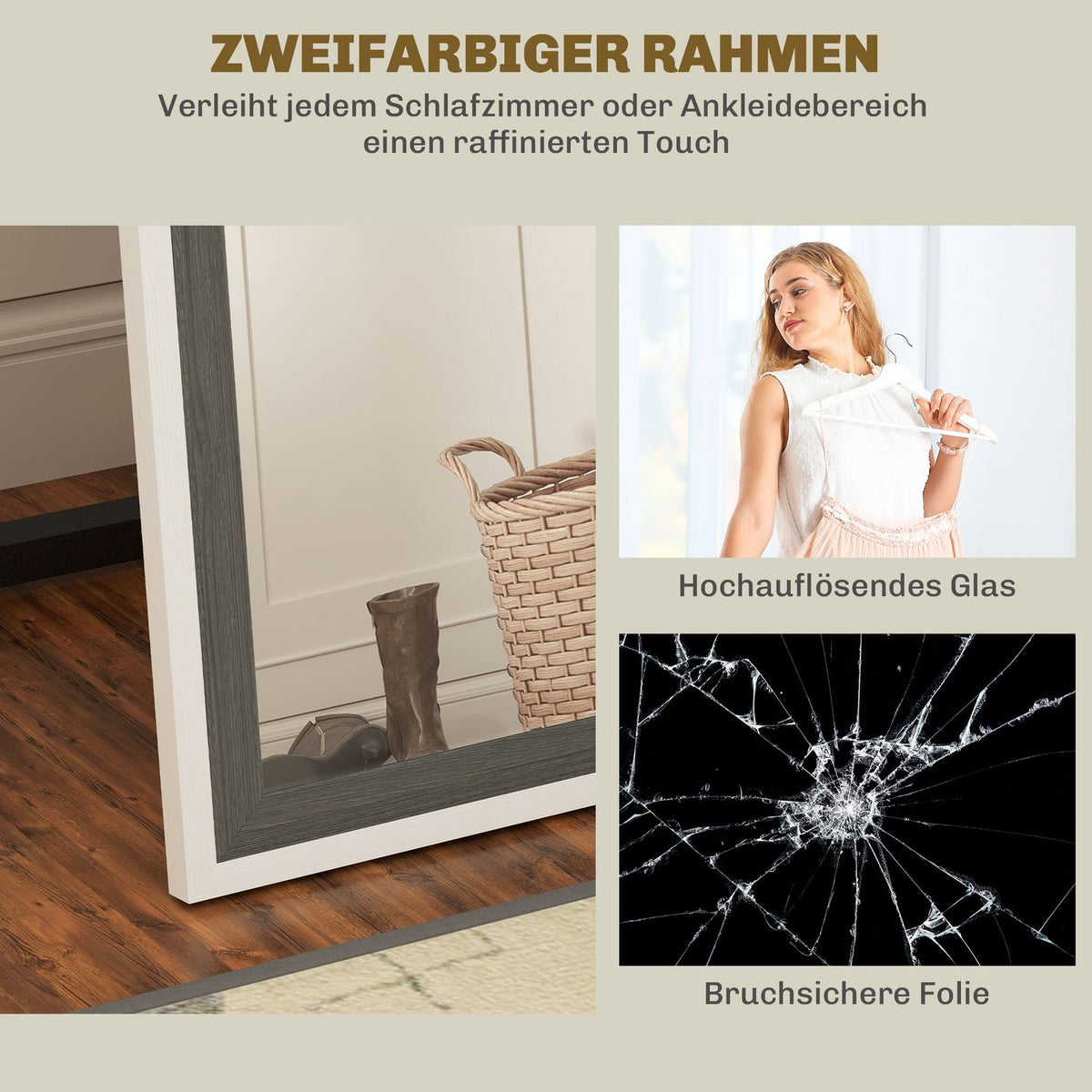Full-length mirror, MDF frame, shatter-proof film, 162.6 x 53.3 cm, grey