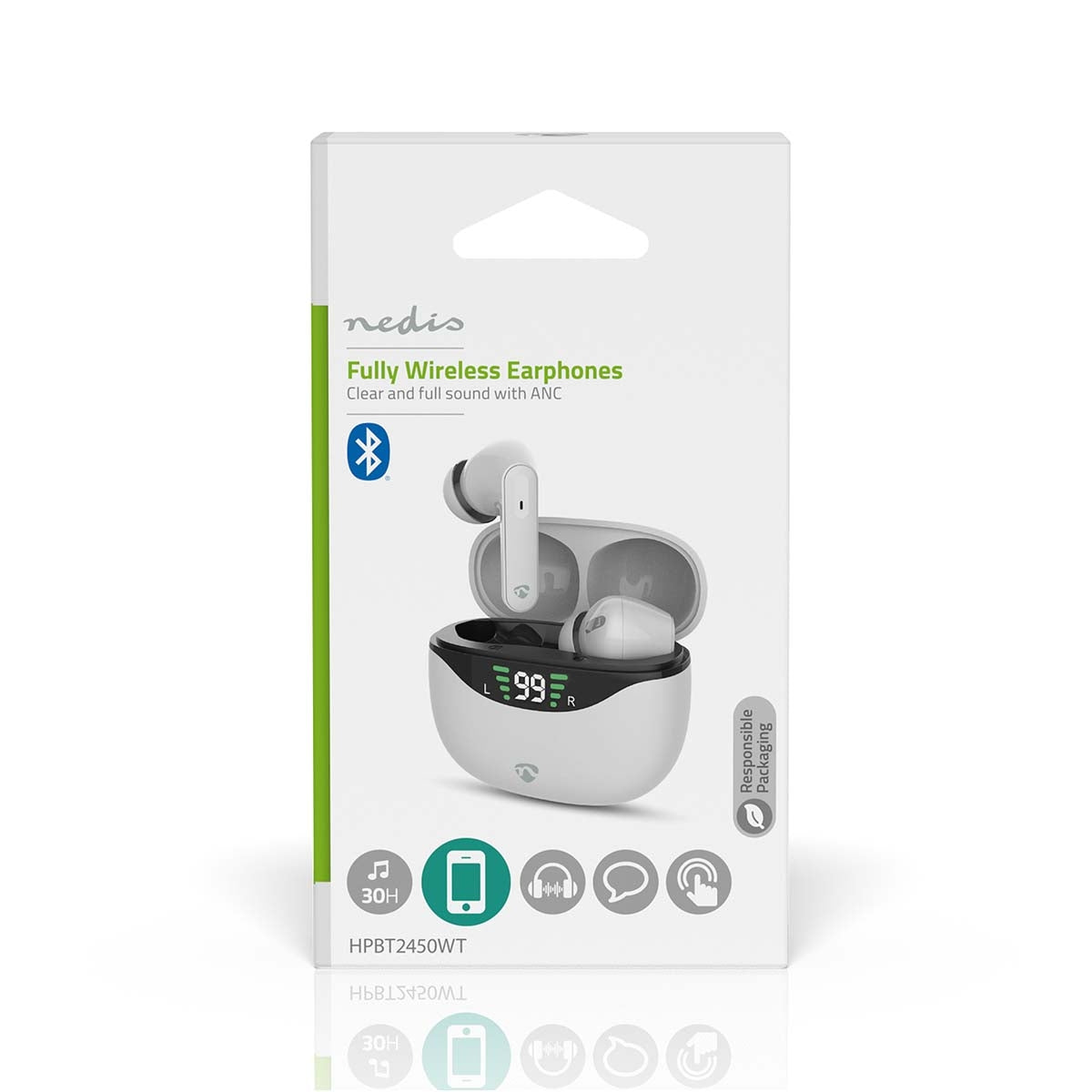 Fully Wireless Earphones | ANC (Active Noise Cancelling) | Bluetooth® | Maximum battery play time: 30 hrs | Touch Control | Charging case | Wireless charging case | Built-in microphone | Voice control support | White