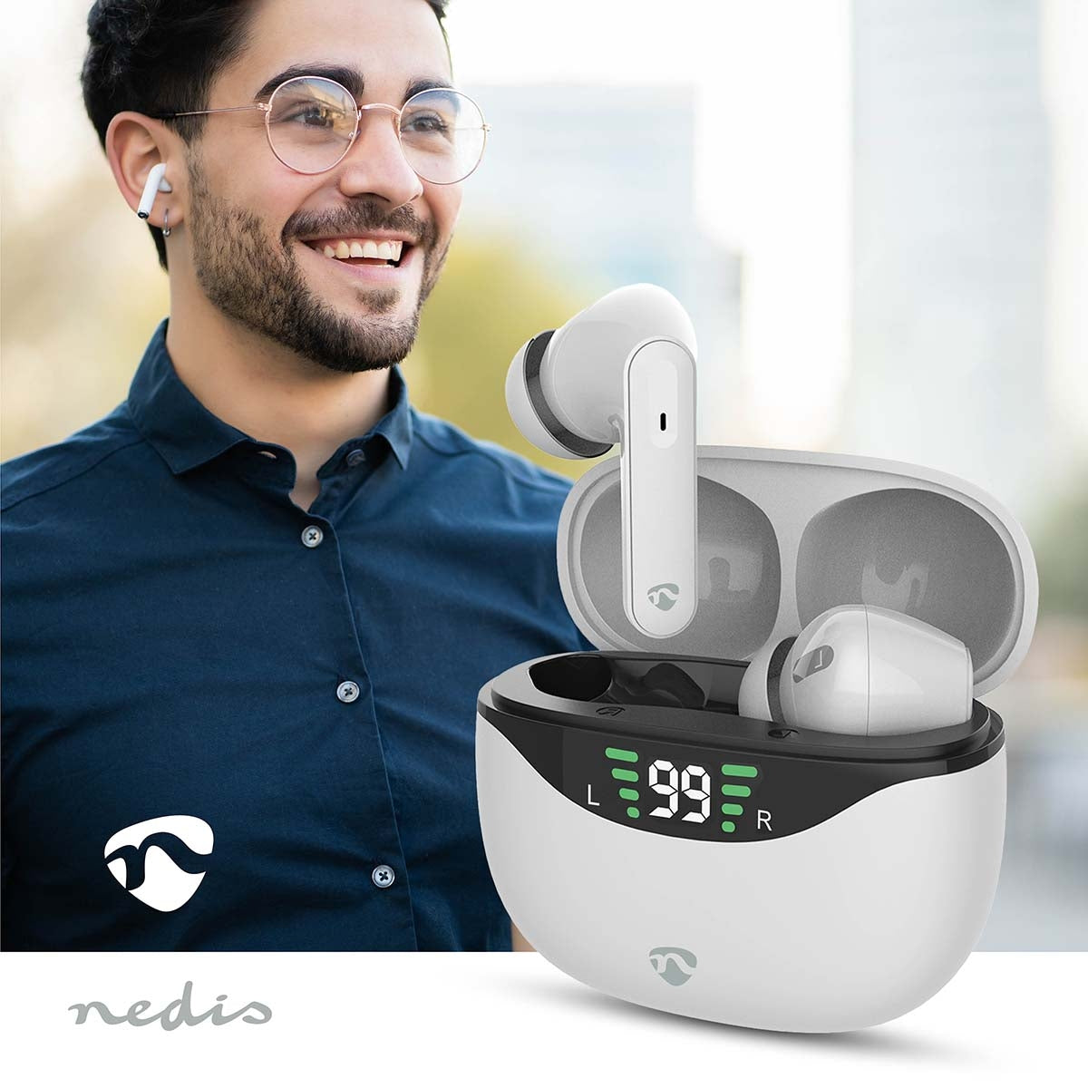 Fully Wireless Earphones | ANC (Active Noise Cancelling) | Bluetooth® | Maximum battery play time: 30 hrs | Touch Control | Charging case | Wireless charging case | Built-in microphone | Voice control support | White